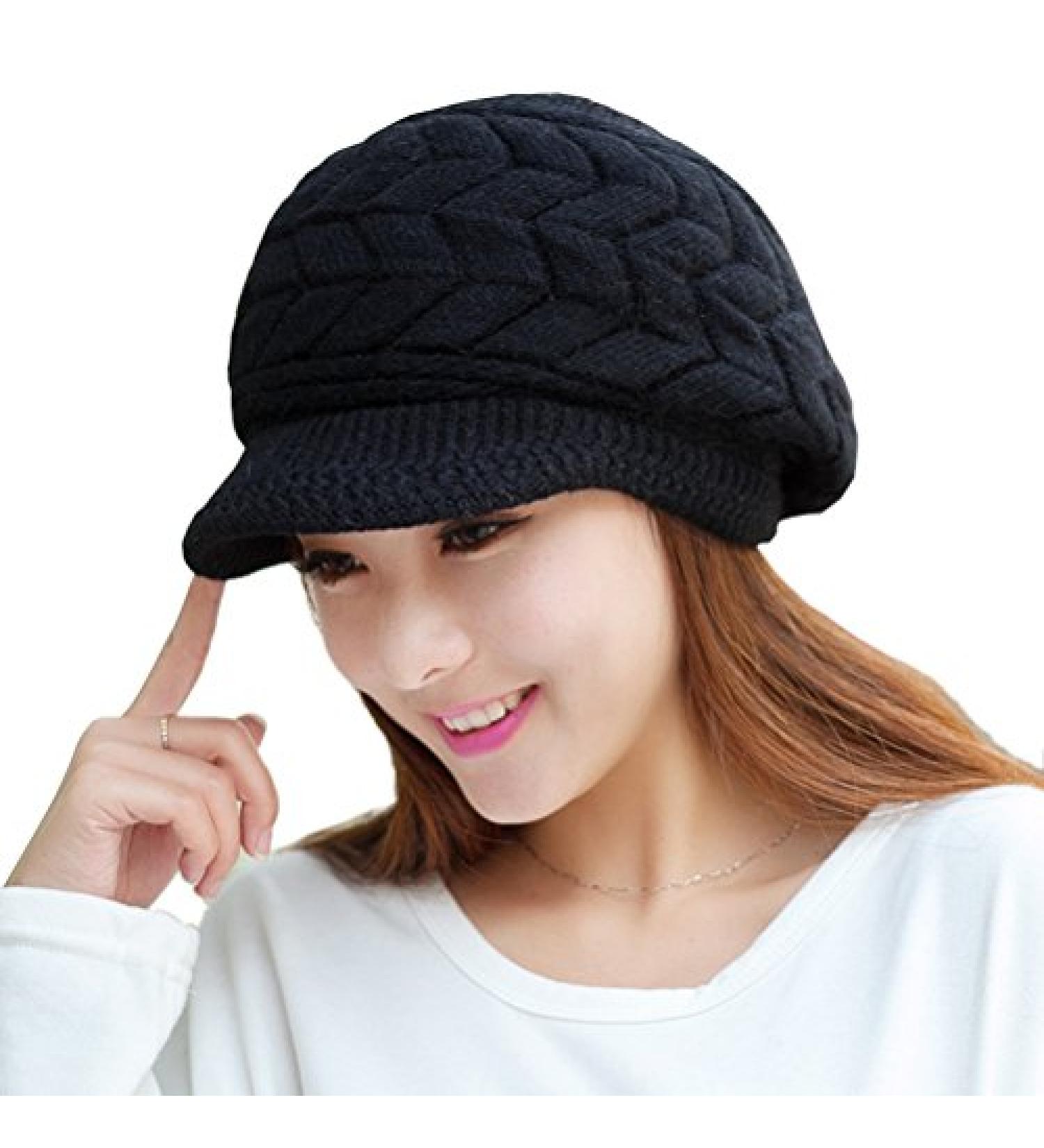 HINDAWI Women Winter Warm Knit Hat with Visor - Black | Wool Snow Ski Cap - Buy Online on GoSupps.com