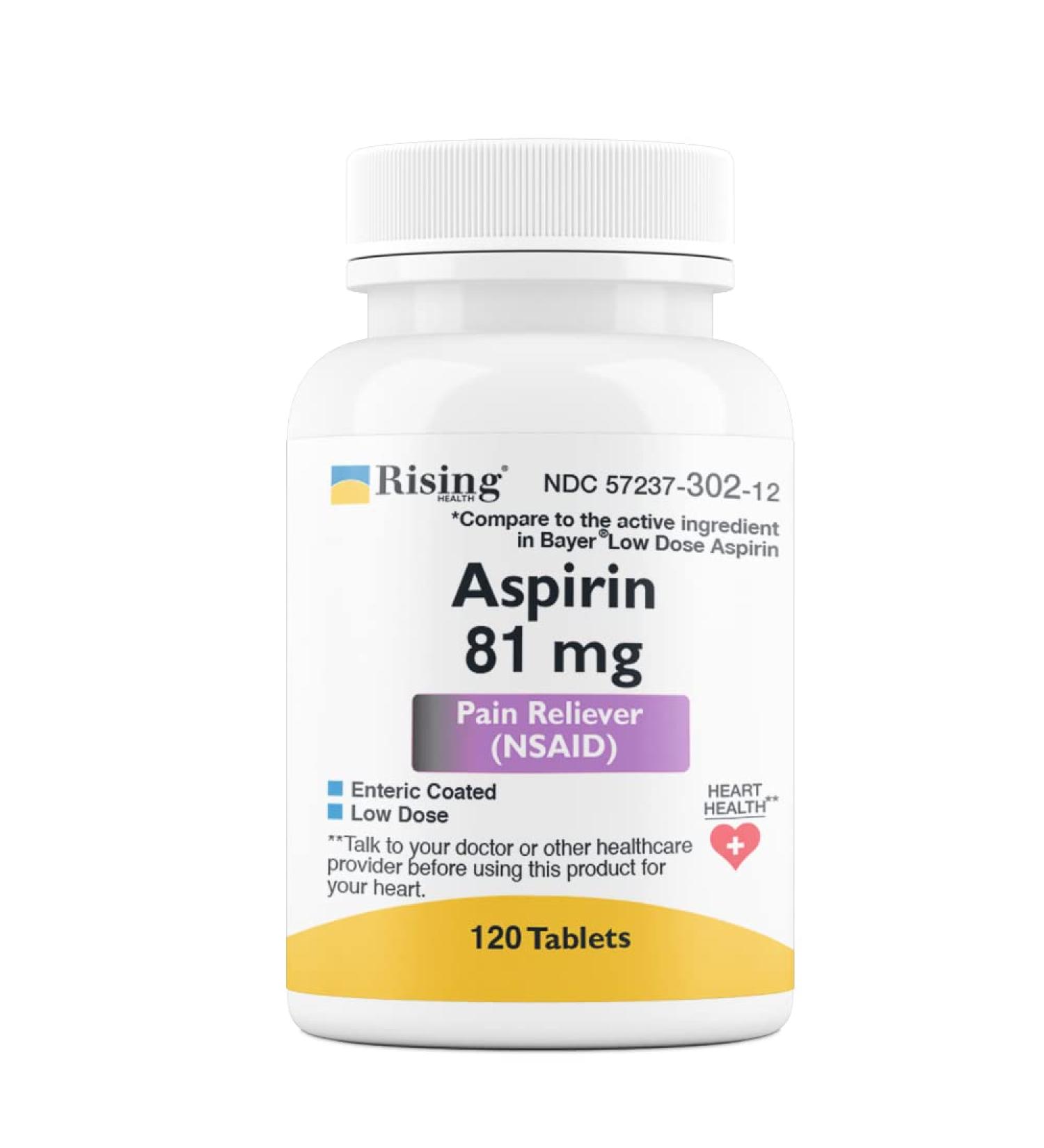 Rising Health Pain Relief - Low Dose Aspirin 81mg for Adults - Compared to Bayers - Enteric Coated Low Strength Aspirin Tablets - Pain Reliever for Minor Aches and Pains - Made in USA (120 Counts) 1 Count (Pack of 1)