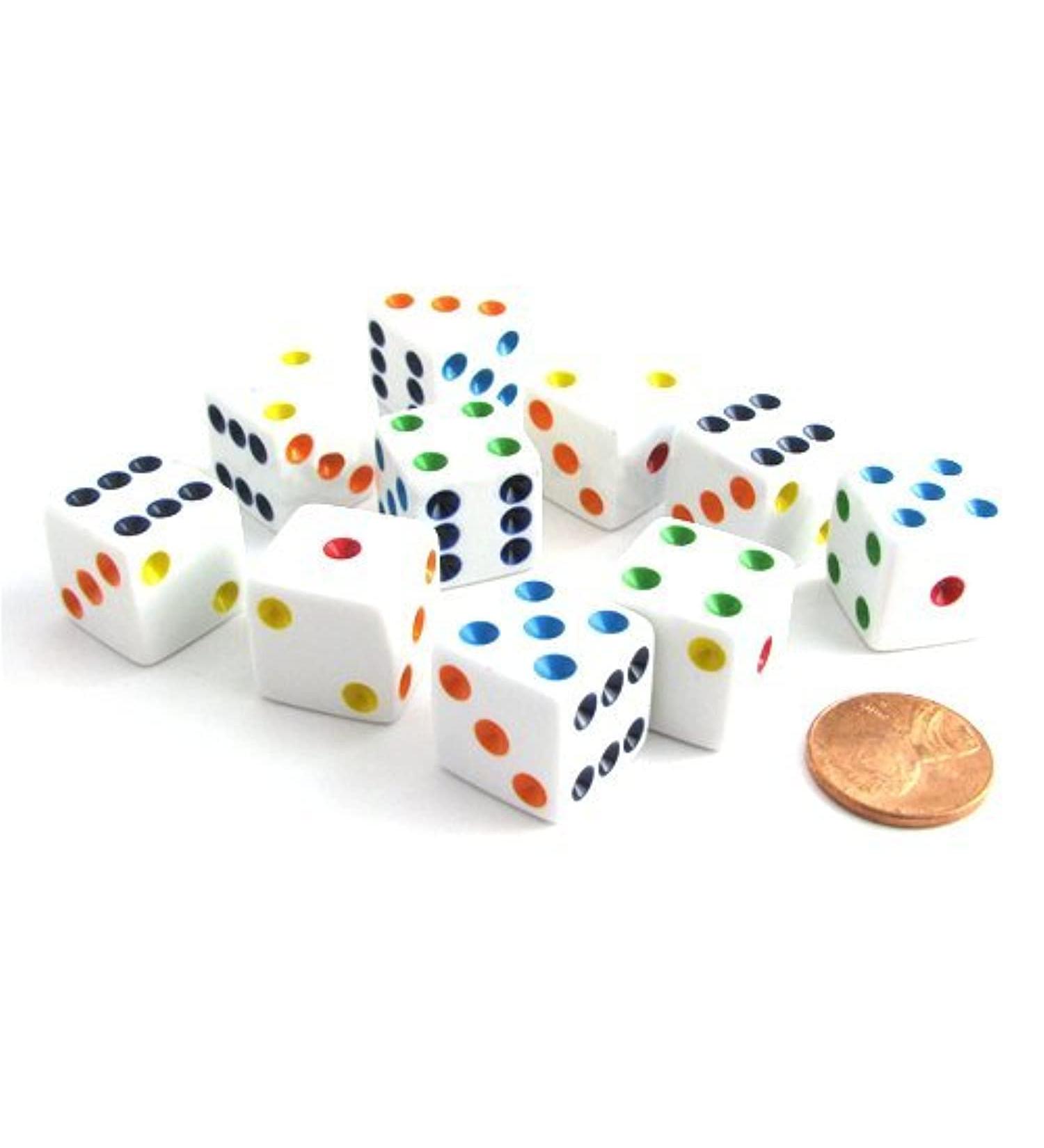 Set of 10 White 16mm D6 Standard Dice with Multi-Color Pips - Pack of 10 - Buy Online on GoSupps.com