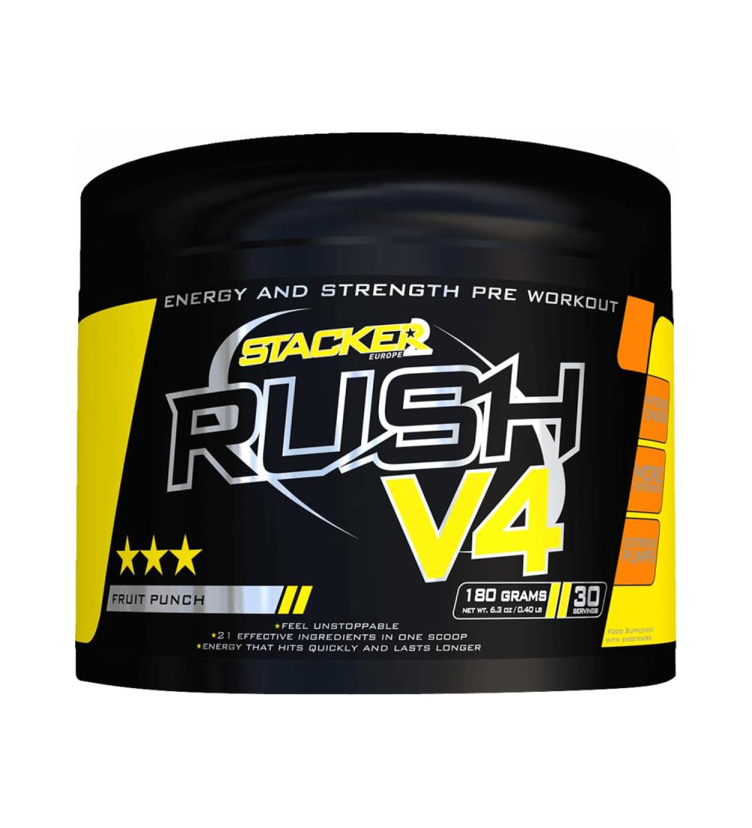 Stacker2 Rush V4 PreWorkout Booster Trainingsbooster Bodybuilding 30 serves Fruit Punch 180g - Buy Online on GoSupps.com