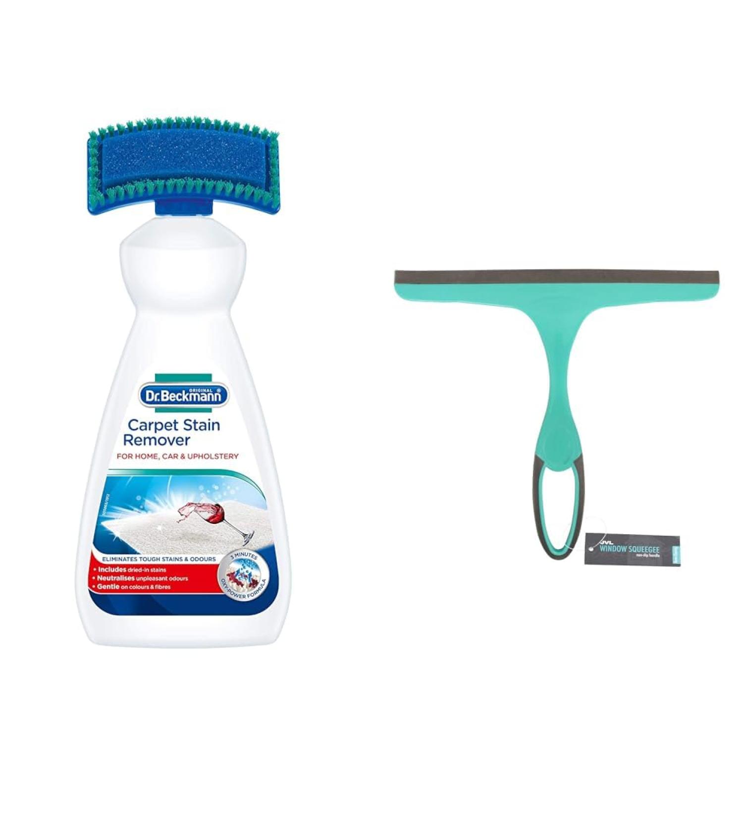 Dr. Beckmann Carpet Stain Remover | Removes New and Dried-in Stains | Includes Applicator Brush & JVL Hand Held Wiper Blade Window Squeegee Turquoise/Grey  - Buy Online on GoSupps.com