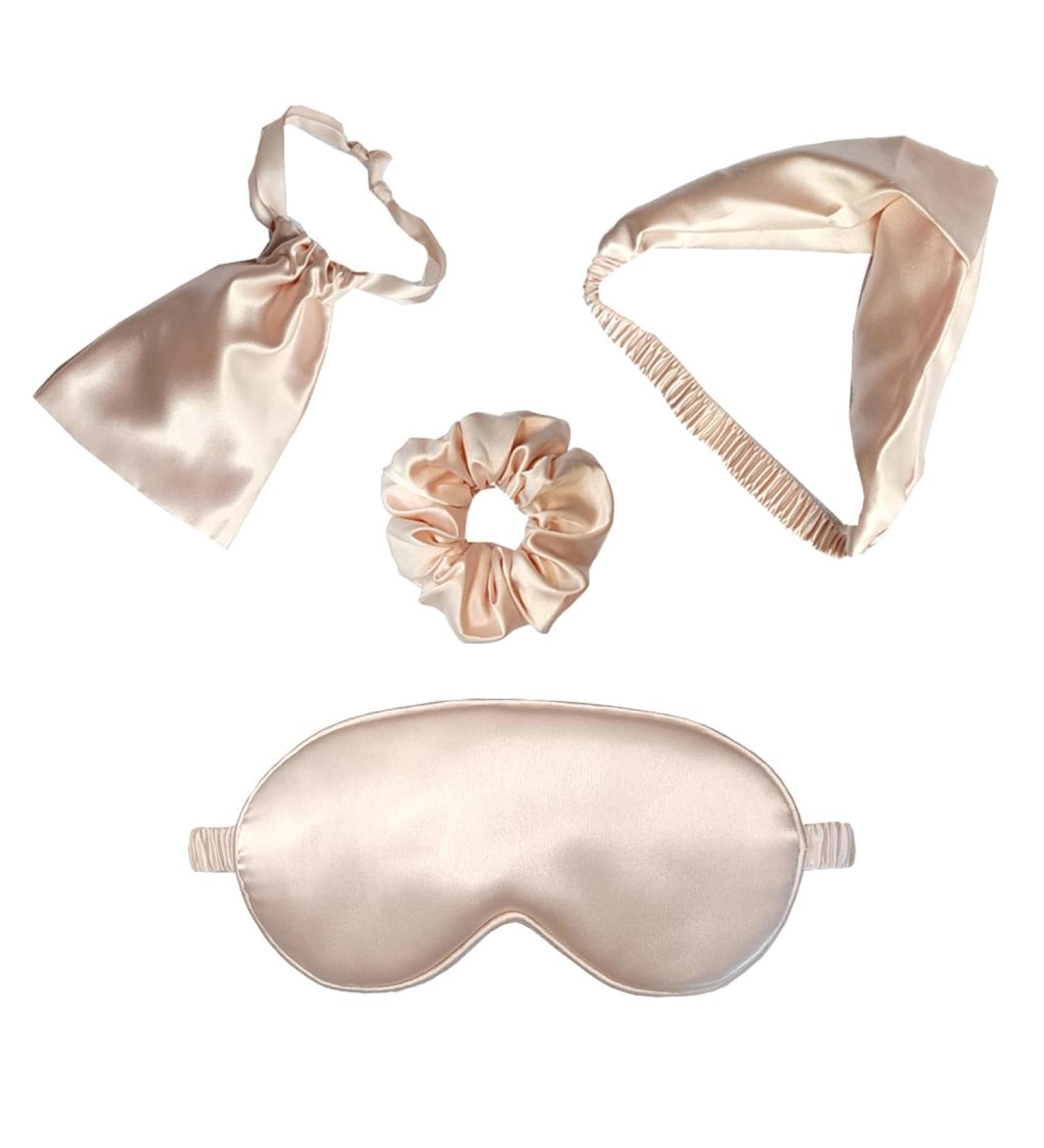 Silky Satin Eye Mask Set of 4 with Headband & Scrunchies - Perfect Travel Eye Covers - Pink - Sleep Comfort for Women - Buy Online on GoSupps.com