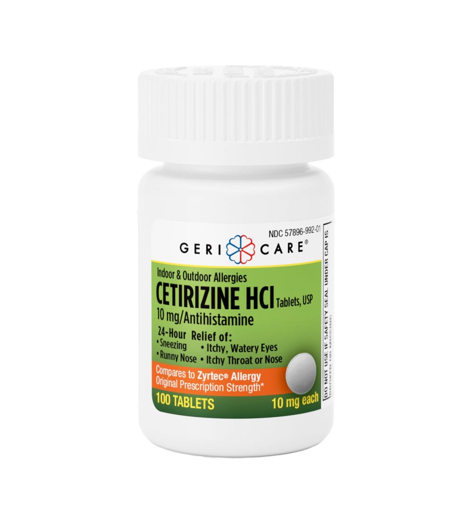 GeriCare Cetirizine HCI 10mg Antihistamine Tablets 100 Count 24 Hour Seasonal & Year-Round Allergy Relief for Indoor & Outdoor Allergies Sneezing Runny Nose Itchy Eyes & Throat 100 Count (Pack of 1) - Buy Online on GoSupps.com
