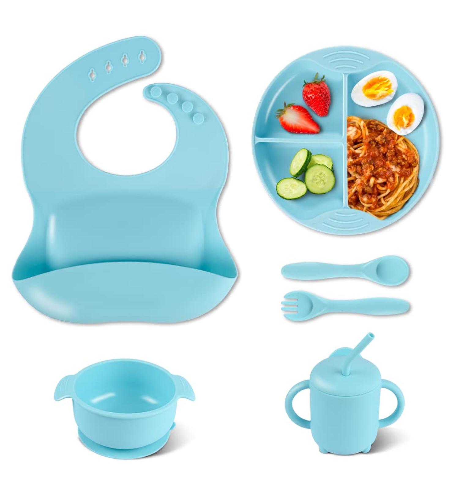 Kinggrand Kitchen Baby Feeding Set - Silicone Suction Plates, Bowls, Straw Cup - Blue | Baby Led Weaning Supplies | Food Grade Dishes - Buy Online on GoSupps.com