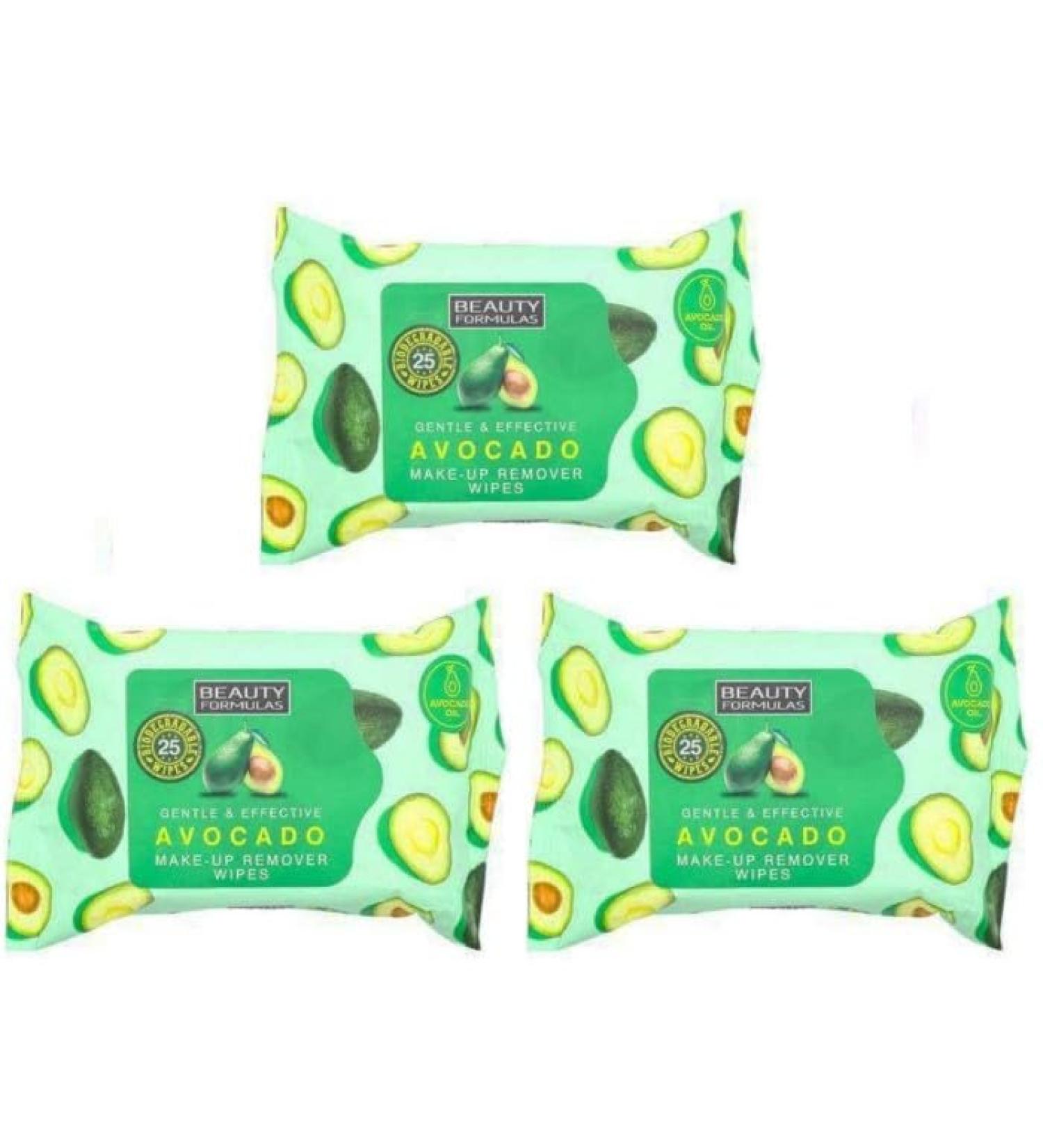 3 x 25 Pack Formuals Make-Up Remover Wipes With Avacado Soft To Skin Leaves No Residue