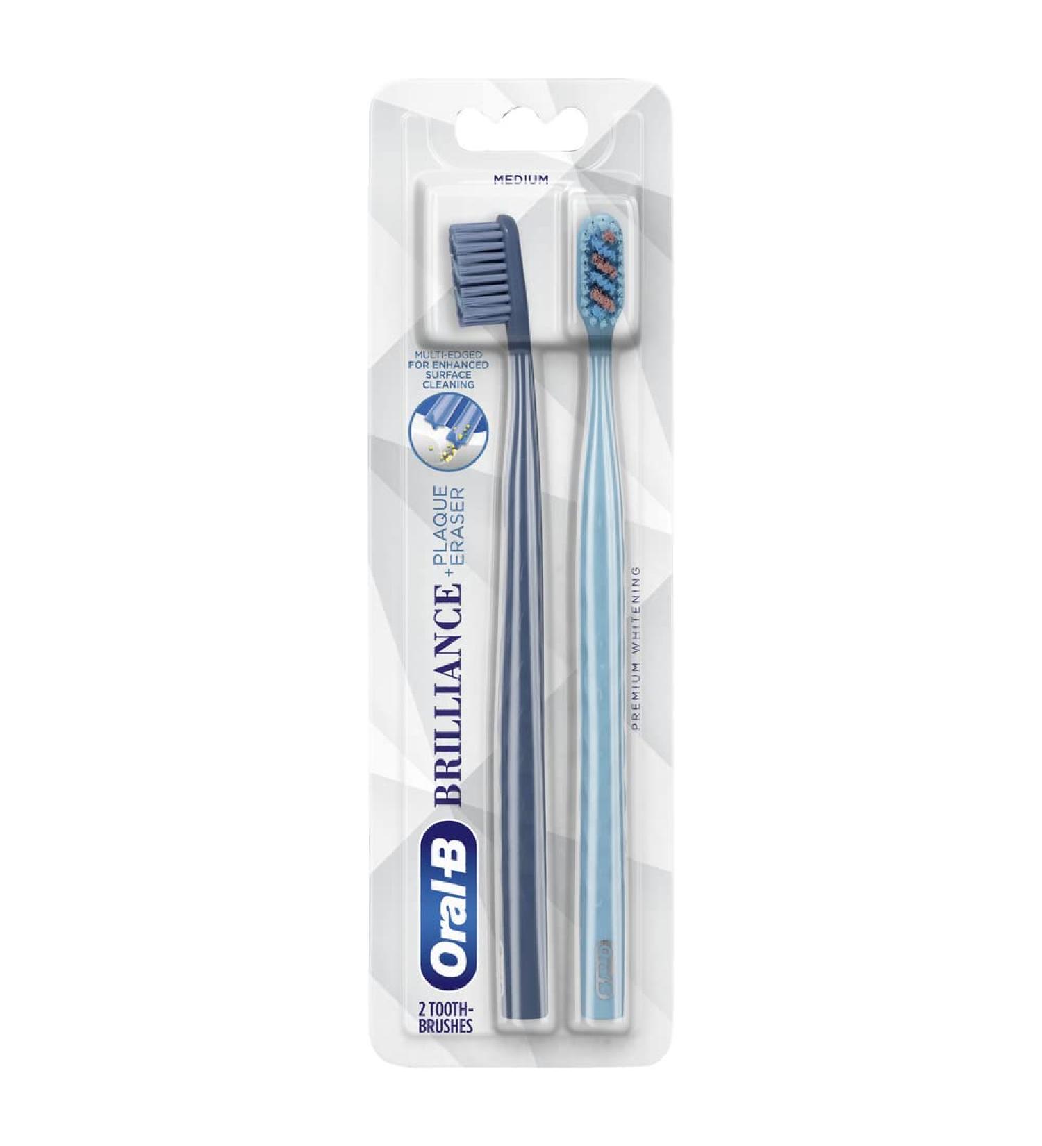 Oral-B Brilliance Premium Whitening Toothbrush with Plaque Eraser Medium Sky Blue and Gray 2 Count