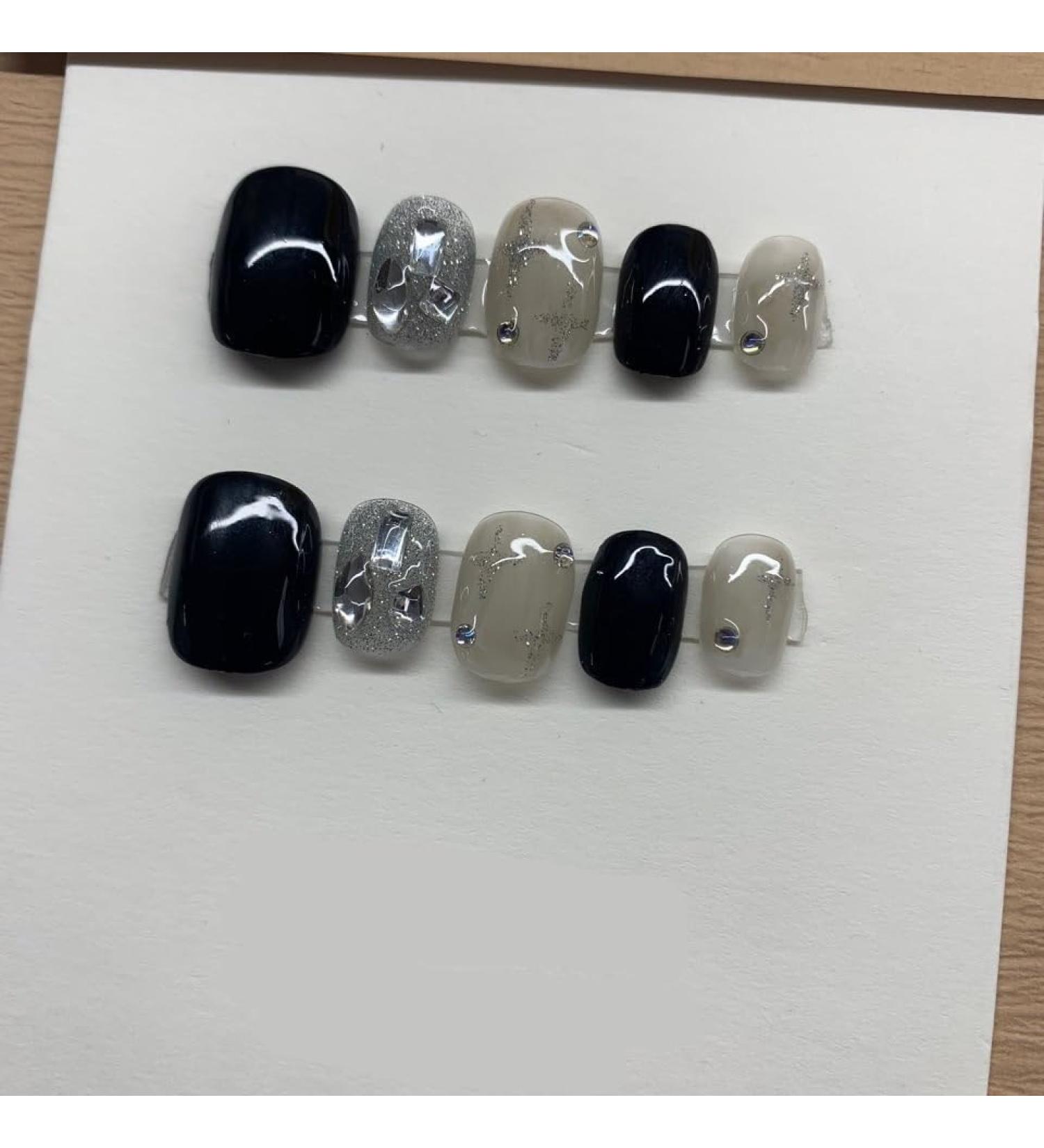 Handmade nail art wearing fake nail patches finished black sparkling diamond halo dyed short pieces 10PCS (Size : L) 1 count (Pack of 1)