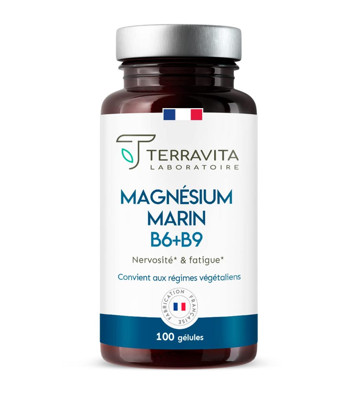 MARINE MAGNESIUM + Vit B6 B9 | 300mg of Magnesium Element per Capsule | 100 Days of Cure | Fights Stress and Fatigue | Improves Sleep | 100 Organic Capsules Made in France | Terravita - Buy Online on GoSupps.com