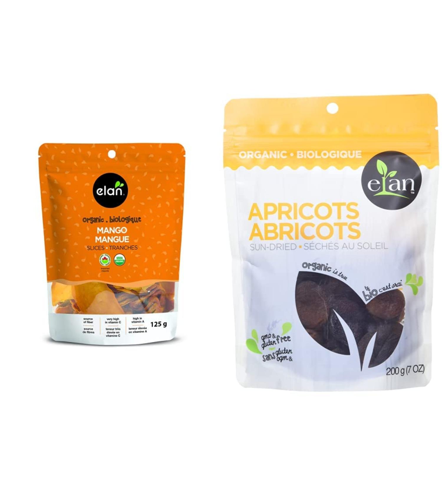 ELAN Organic Mango Slices No Sugar Added Non-GMO Vegan Gluten-Free Kosher 125 g & Organic Sun-Dried Apricots Dried Fruit Non-GMO Vegan Gluten-Free Kosher 200g Mango Slices + Sun-Dried Apricots - Buy Online on GoSupps.com
