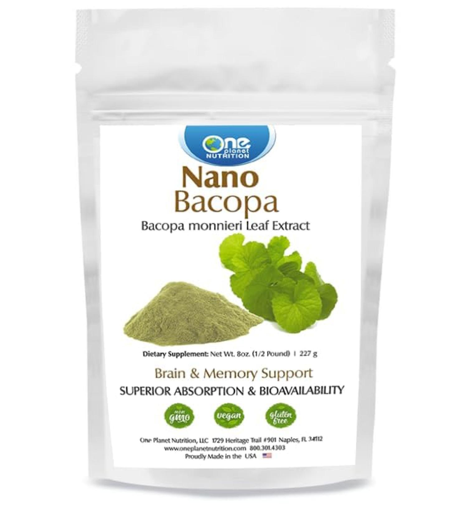 One Planet Nutrition Nano Bacopa Powder 8 oz (227 Servings) - Nano-Particle Size Bacopa Monnieri Extract - Enhances Memory & Focus - Non-GMO Vegan Gluten-Free
