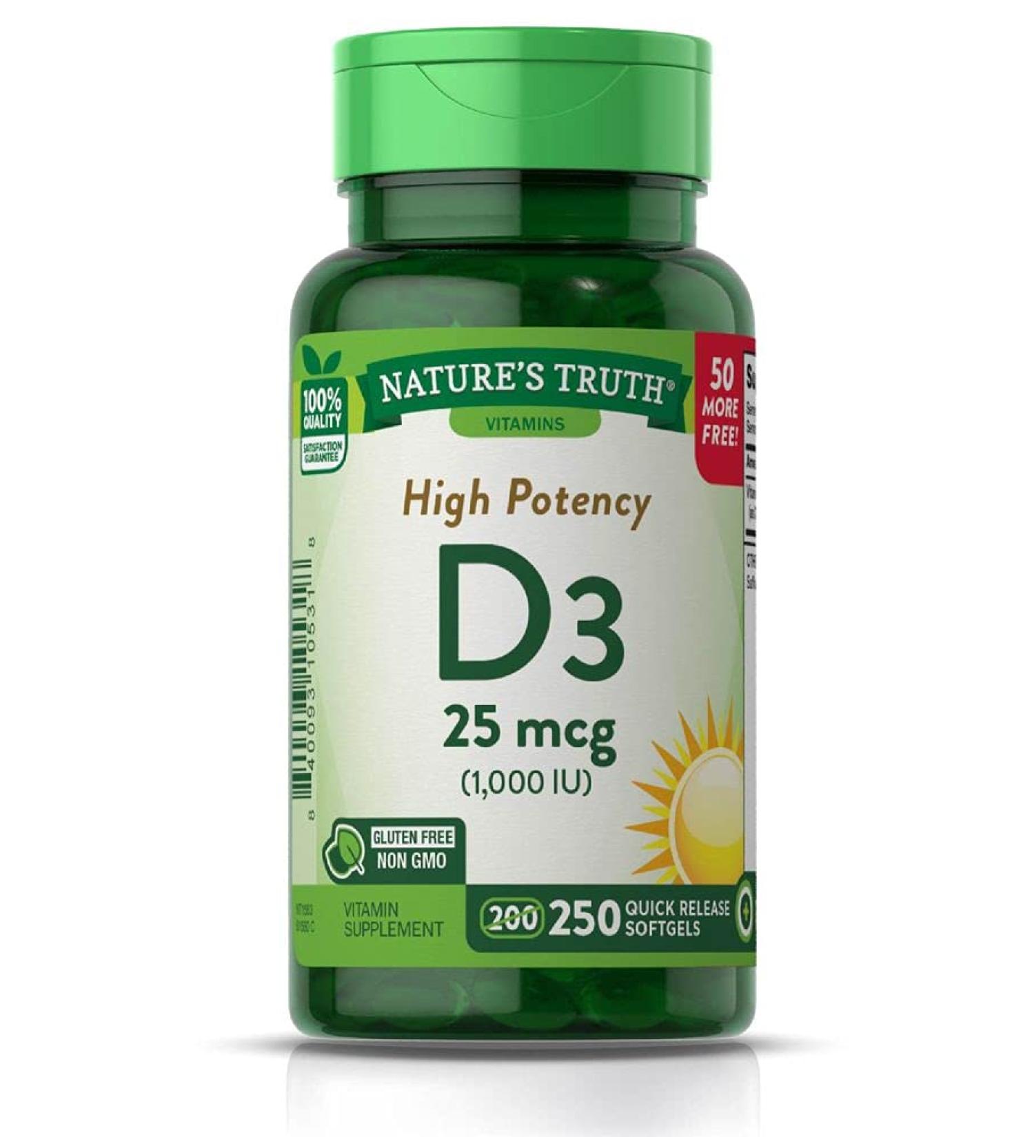Nature's Truth Vitamin D3 25 mcg (1000 IU) - 250 Quick Release Softgels for Immune Support - Buy Online on GoSupps.com