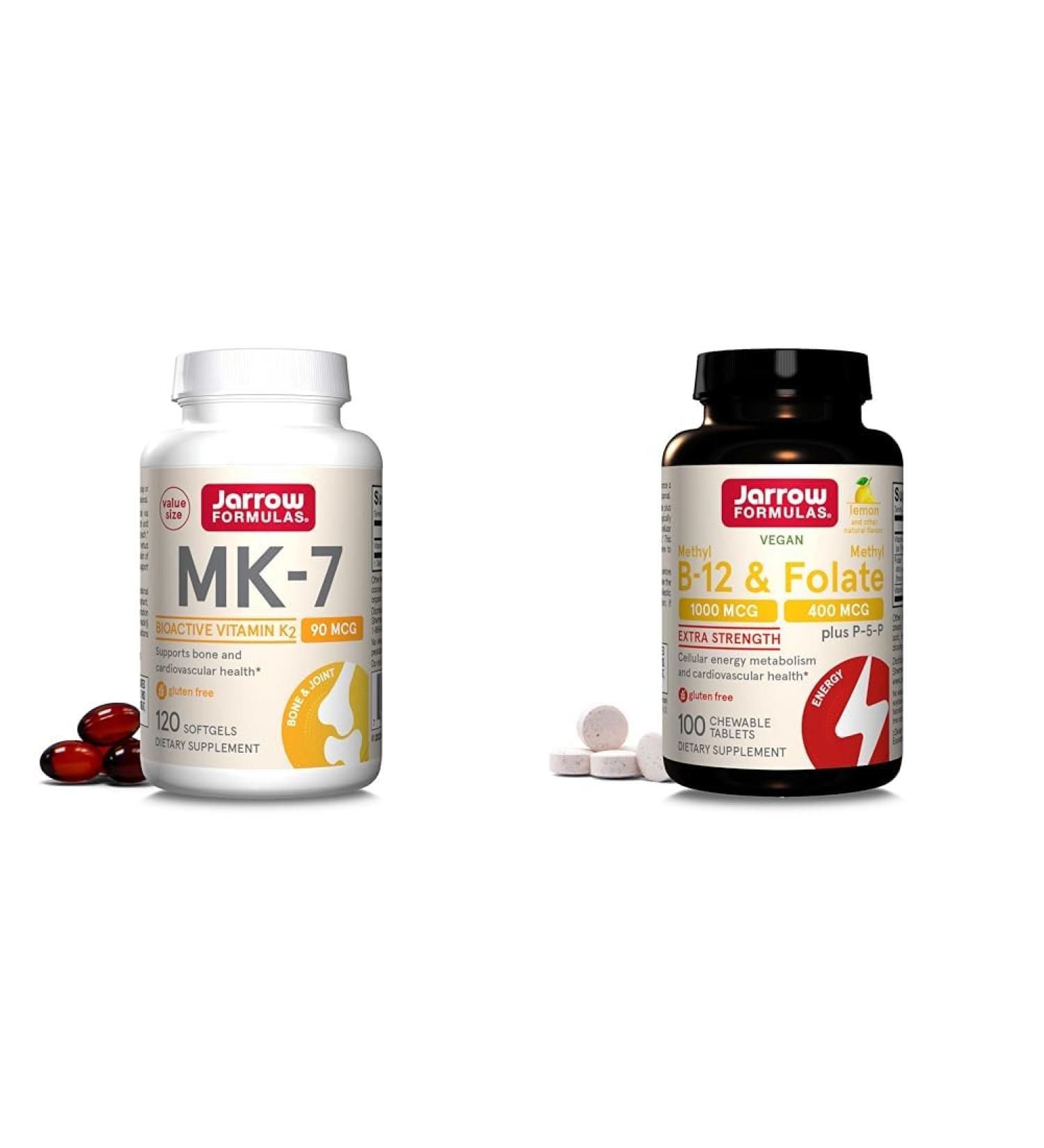 Jarrow Formulas MK7 Promotes Bone Health 90 mcg 120 Softgels & Extra Strength Methyl B-12 1000 mcg & Methyl Folate 400 mcg + P-5-P Dietary MK-7 + Methyl B-12 Unflavored 120 Servings (Pack of 1) - Buy Online on GoSupps.com