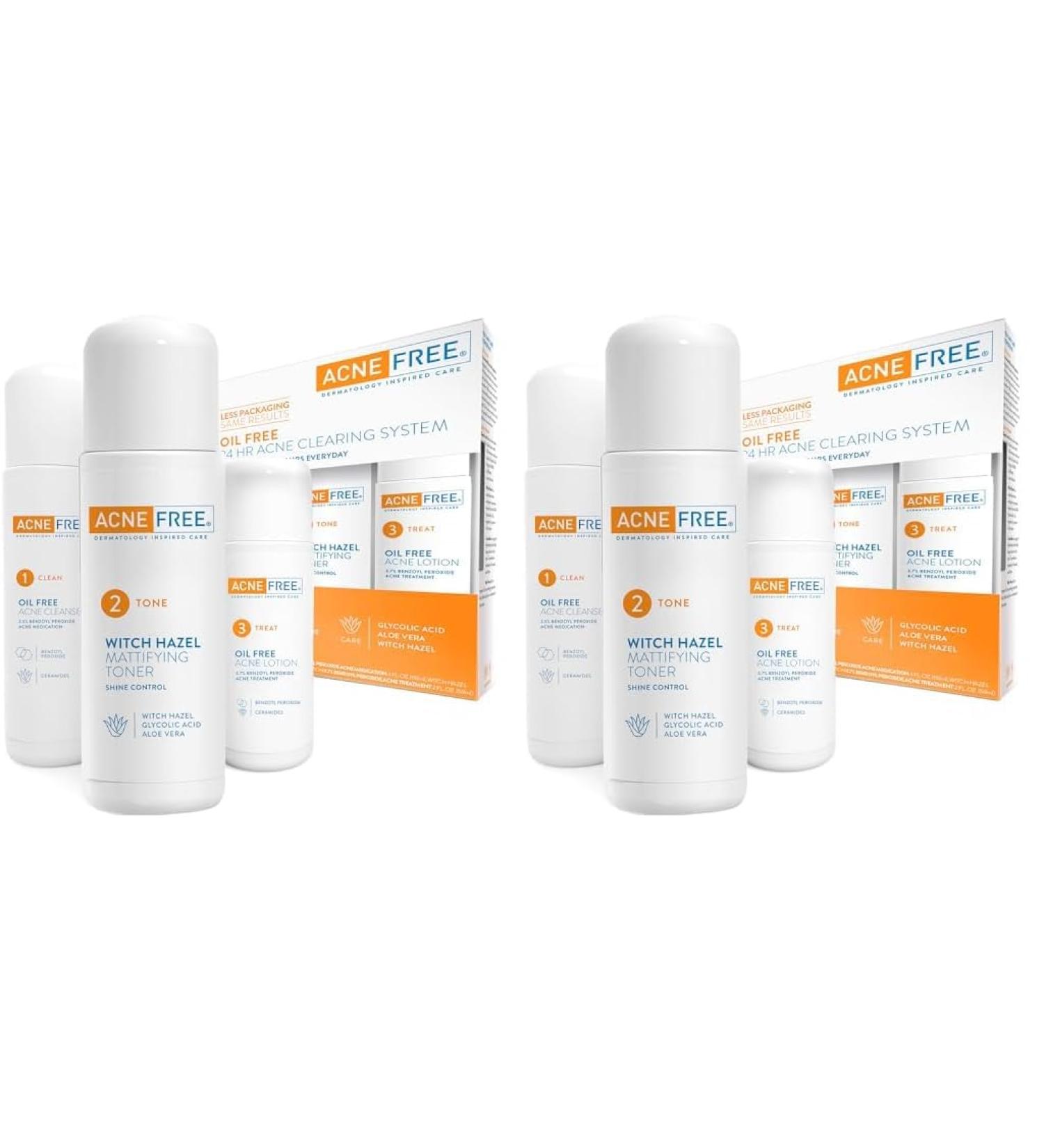 Acne Free 3 Step Treatment Kit - Oil Free Cleanser Witch Hazel Toner & Lotion | Effective Acne Solution with Benzoyl Peroxide for Teens & Adults - Buy Online on GoSupps.com