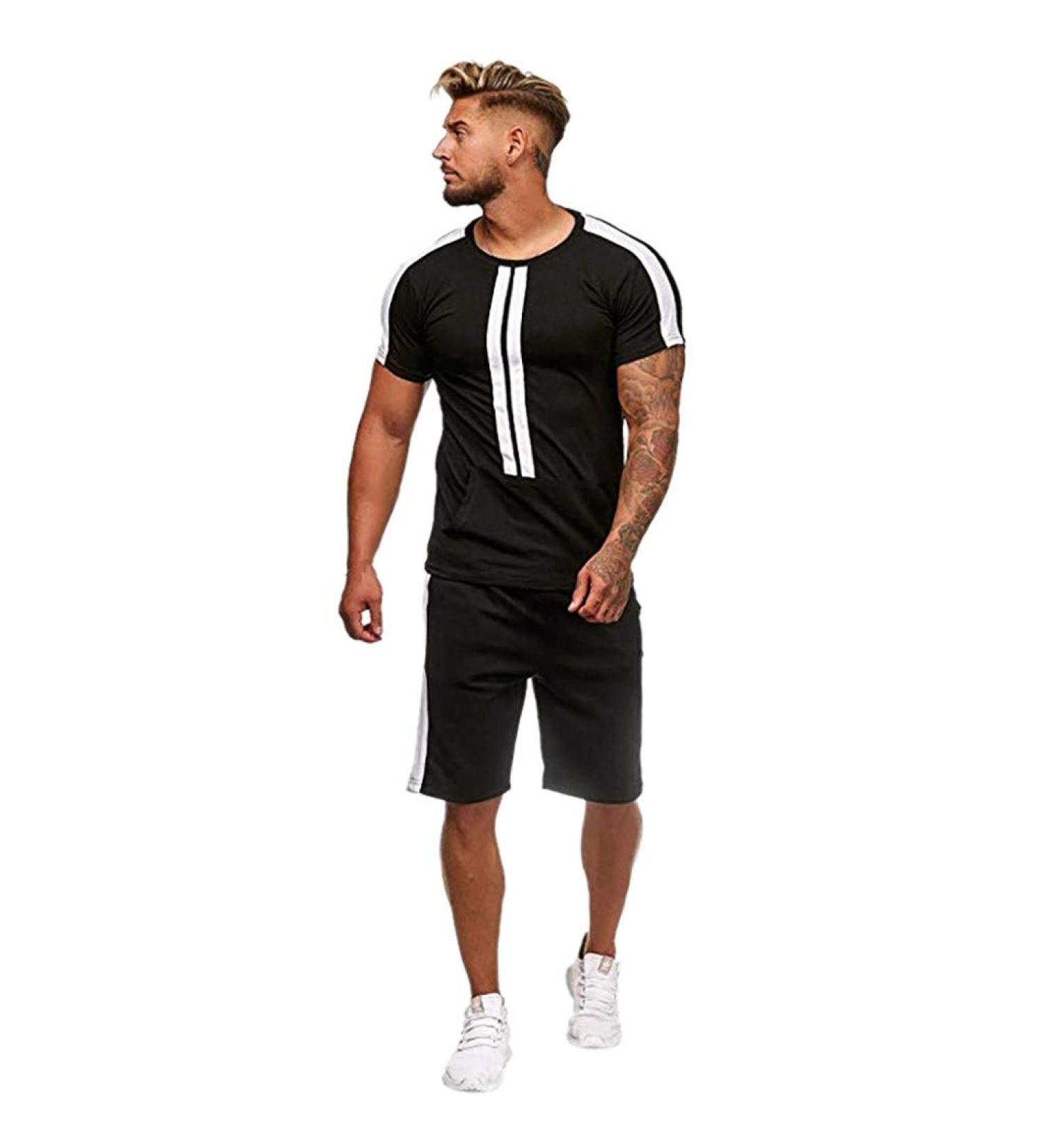 Ronony Men's Summer Sports Suit - V-Neck Sleeveless Beach Shirt & Shorts Set - Large Black - Buy Online on GoSupps.com