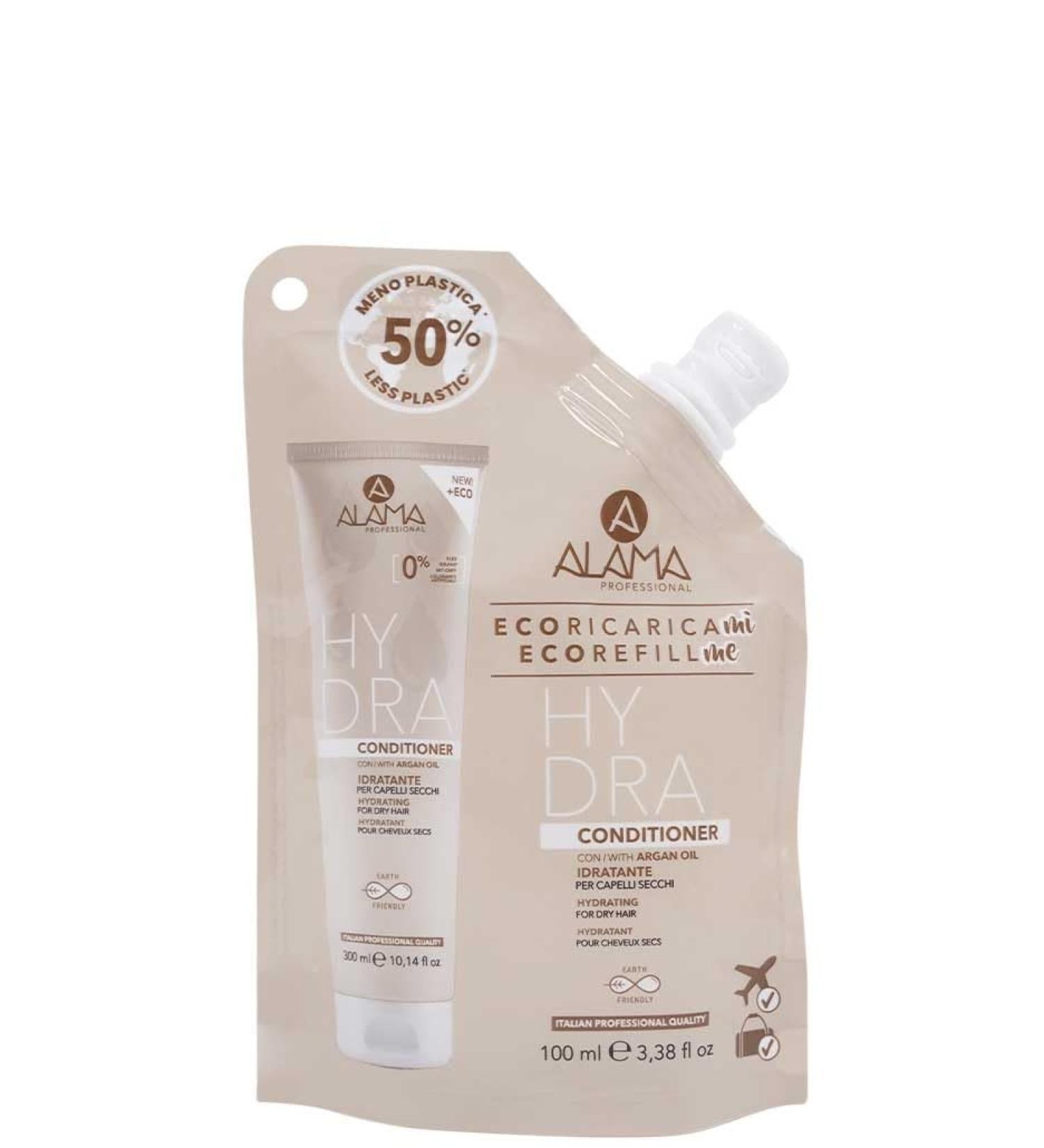 Alama Professional Eco-Refill Hydra Conditioner for dry dull and brittle hair with argan oil vitamin E fatty acids antioxidants 95% natural ingredients vegan 100 ml