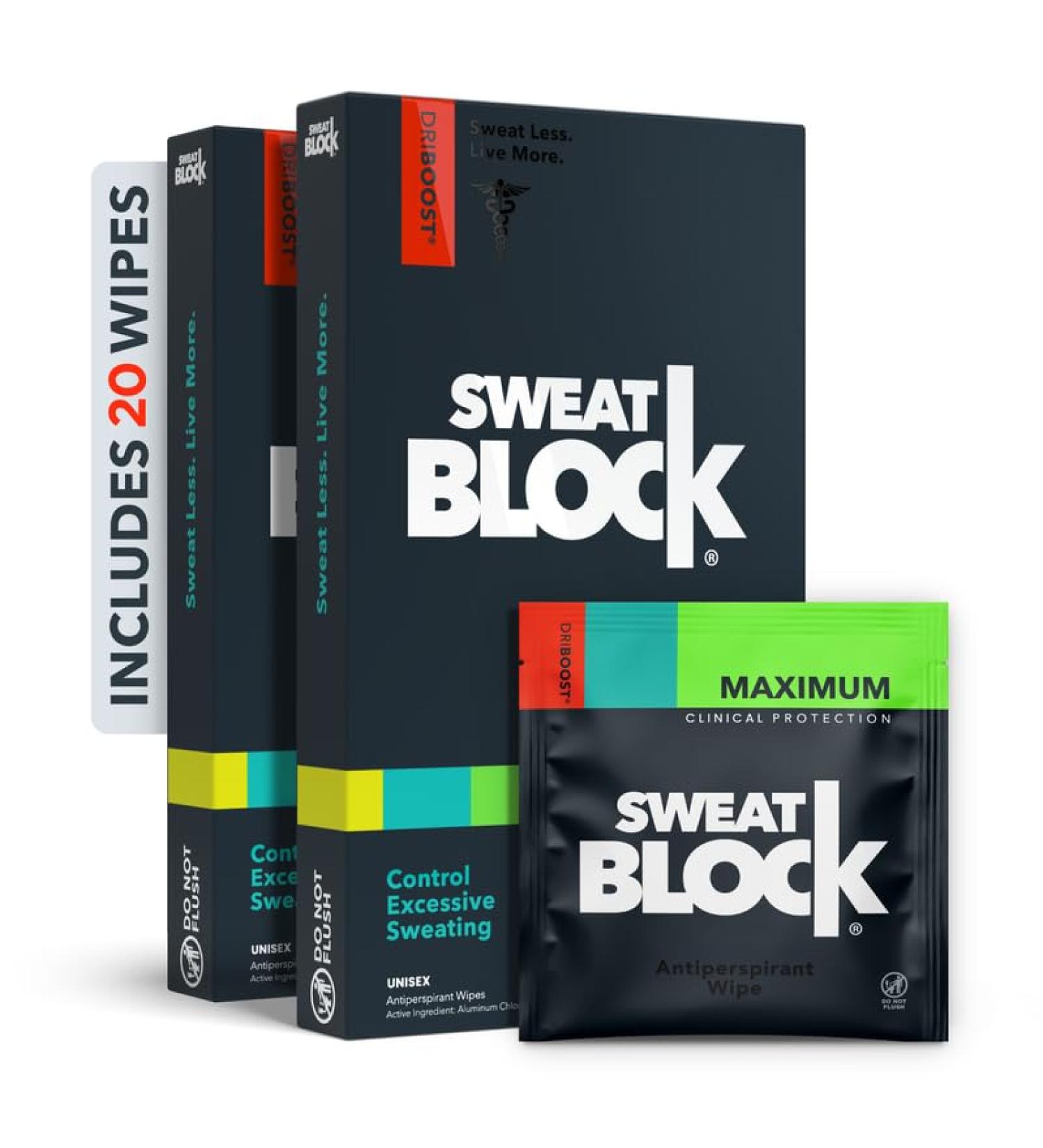 SweatBlock Antiperspirant Wipes - Maximum Clinical Strength - Treat Hyperhidrosis & Excessive Sweating for Men Women & Teens - up to 7 Days Protection Per Wipe - Dermatologist Tested - 20 Wipes 20 Count - Buy Online on GoSupps.com