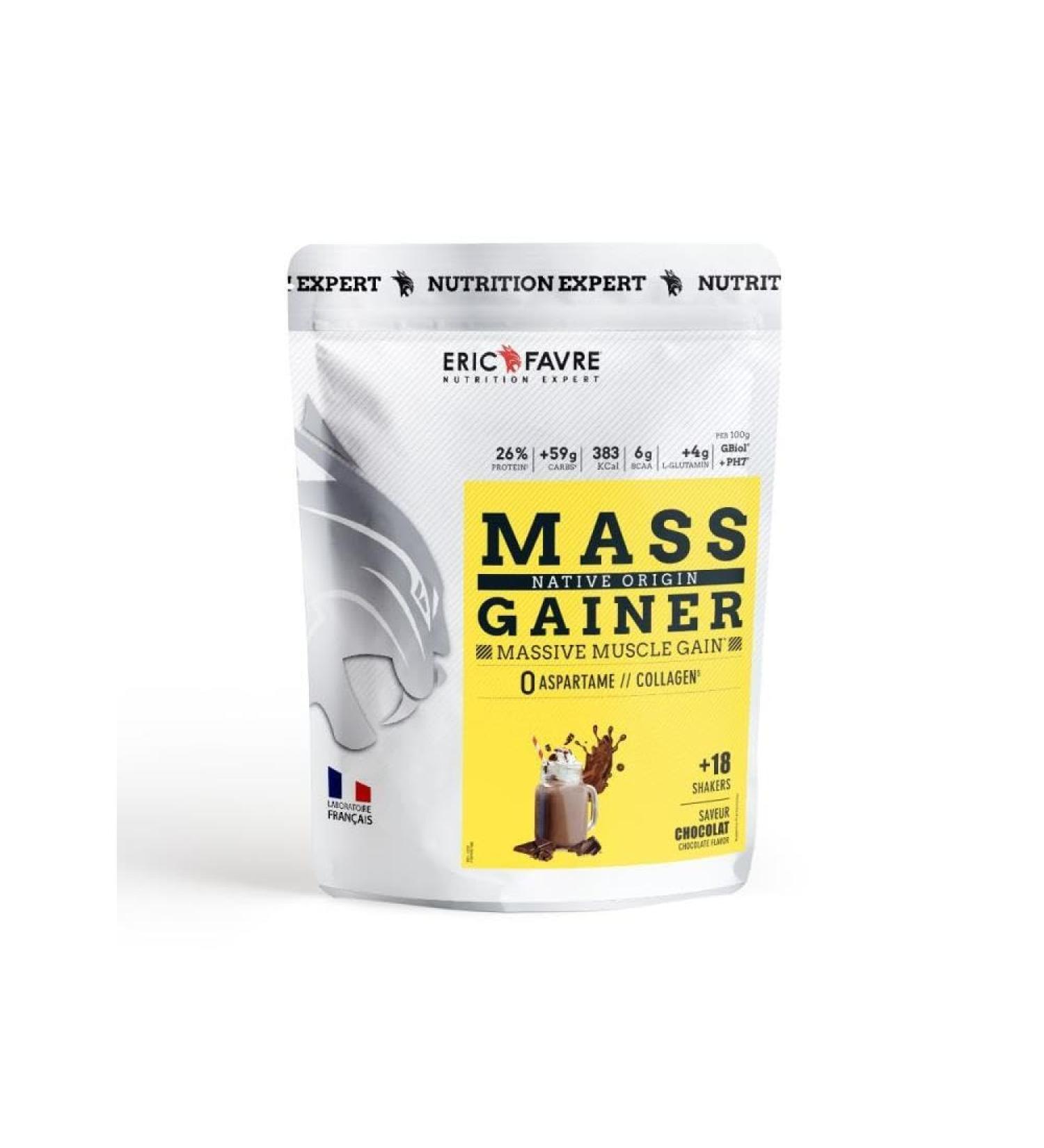 MASS GAINER NATIVE PROTEIN - Bi-Source Protein and Carbohydrates Rapid Mass Gaining Weight Gain and Muscle Mass - Eric Favre - Chocolate 1 kg - Buy Online on GoSupps.com