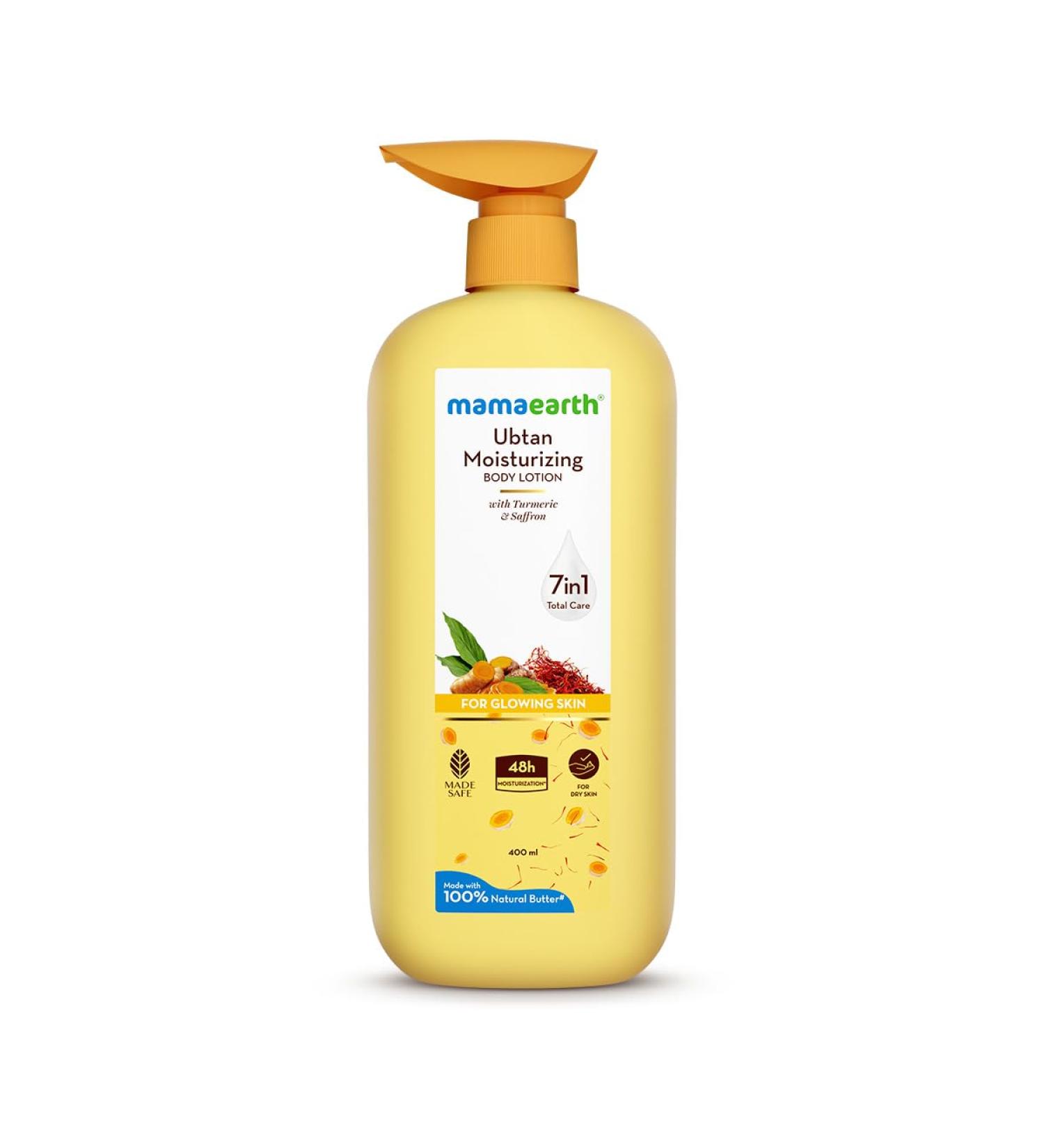 MAMAEARTH Ubtan Moisturizing Body Lotion with Turmeric & Saffron for Glowing Skin 400 ml | 48H Moisturization | Nourishes Dry Skin | 7in1 Total Care | 100% Natural Butter | Non-Greasy Smooth Skin - Buy Online on GoSupps.com