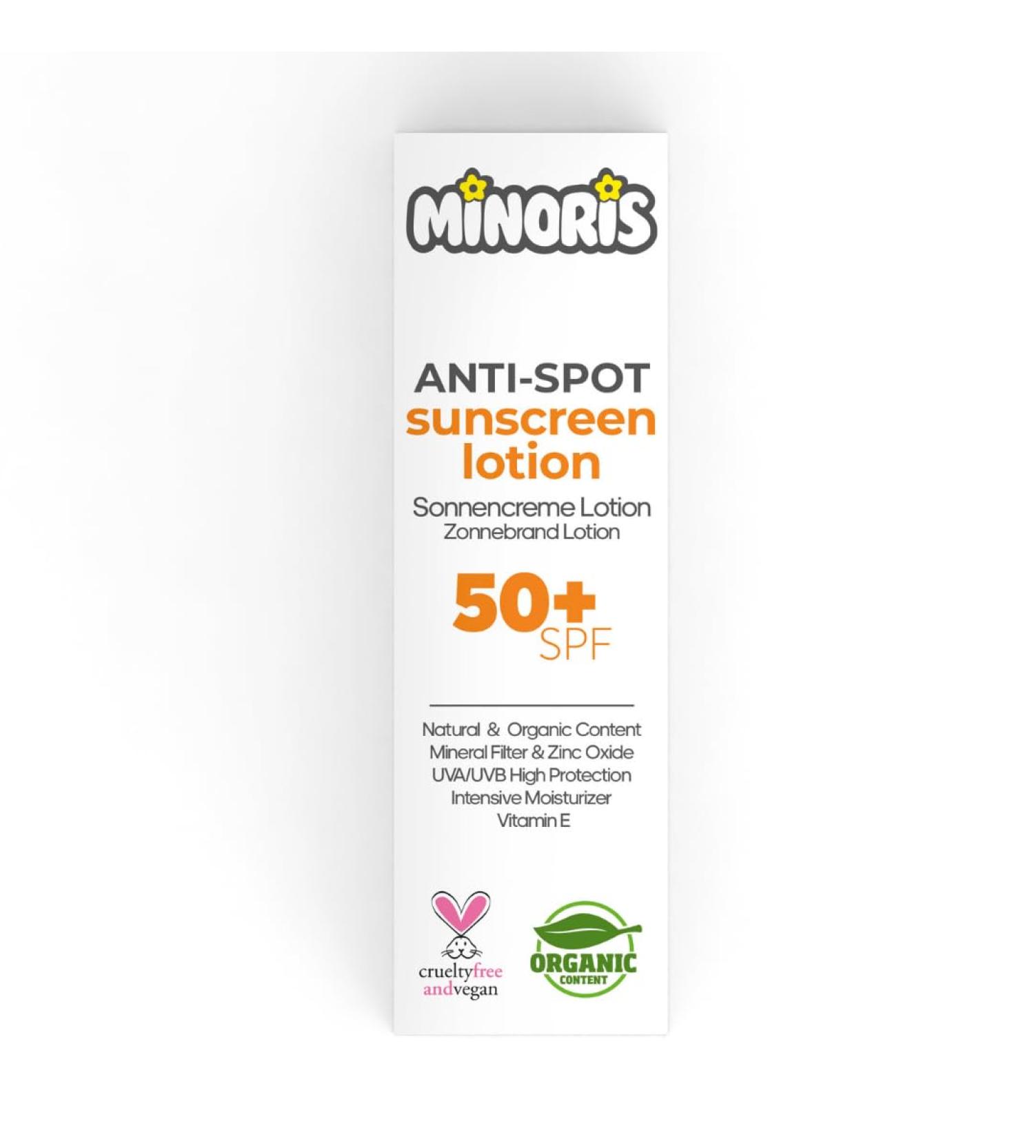 Minoris Anti-Spot Sun Lotion 50+ SPF Full Body High UVA/UVB Protection Prevents Sun Spots Primer Suitable Organic Natural & Vegan Content Water Resistant Titanium Dioxide Free 150 - Buy Online on GoSupps.com