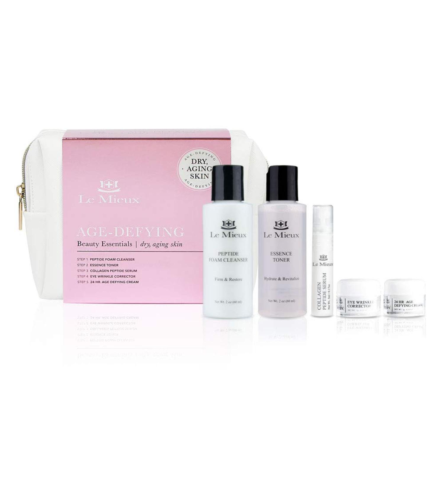 Le Mieux Age-Defying Beauty Essentials - 5-Piece Luxury Skincare Set for Dry Skin | Peptide Foam Cleanser Essence Toner Collagen Serum Eye Wrinkle Corrector & 24 Hr Cream - Buy Online on GoSupps.com