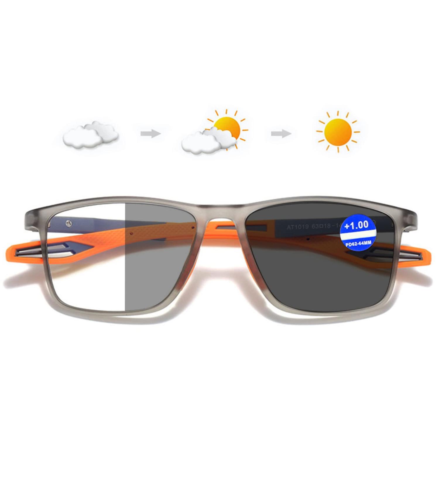 Lanomi Self-Tinting Sunshine Blue Light Filter Sunglasses for Men & Women - UV400 Photochromic Reading Glasses +1.0 to +4.0 - Flexible Gray Frame with Orange Arms - Buy Online on GoSupps.com
