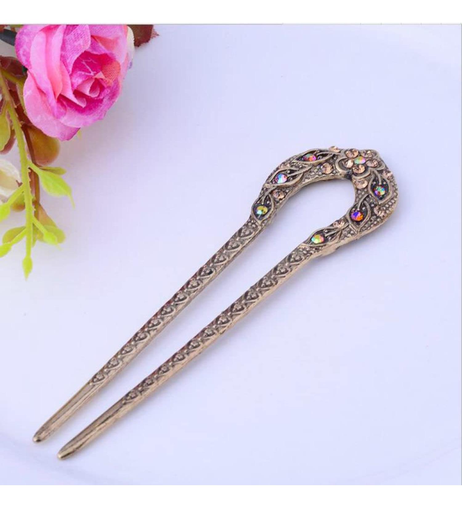 QBODP 4 pieces of hair clips Uform hair fork for rolls rhinestones decorative hairpins hair jewelry vintage hair clips for thick hair brown
