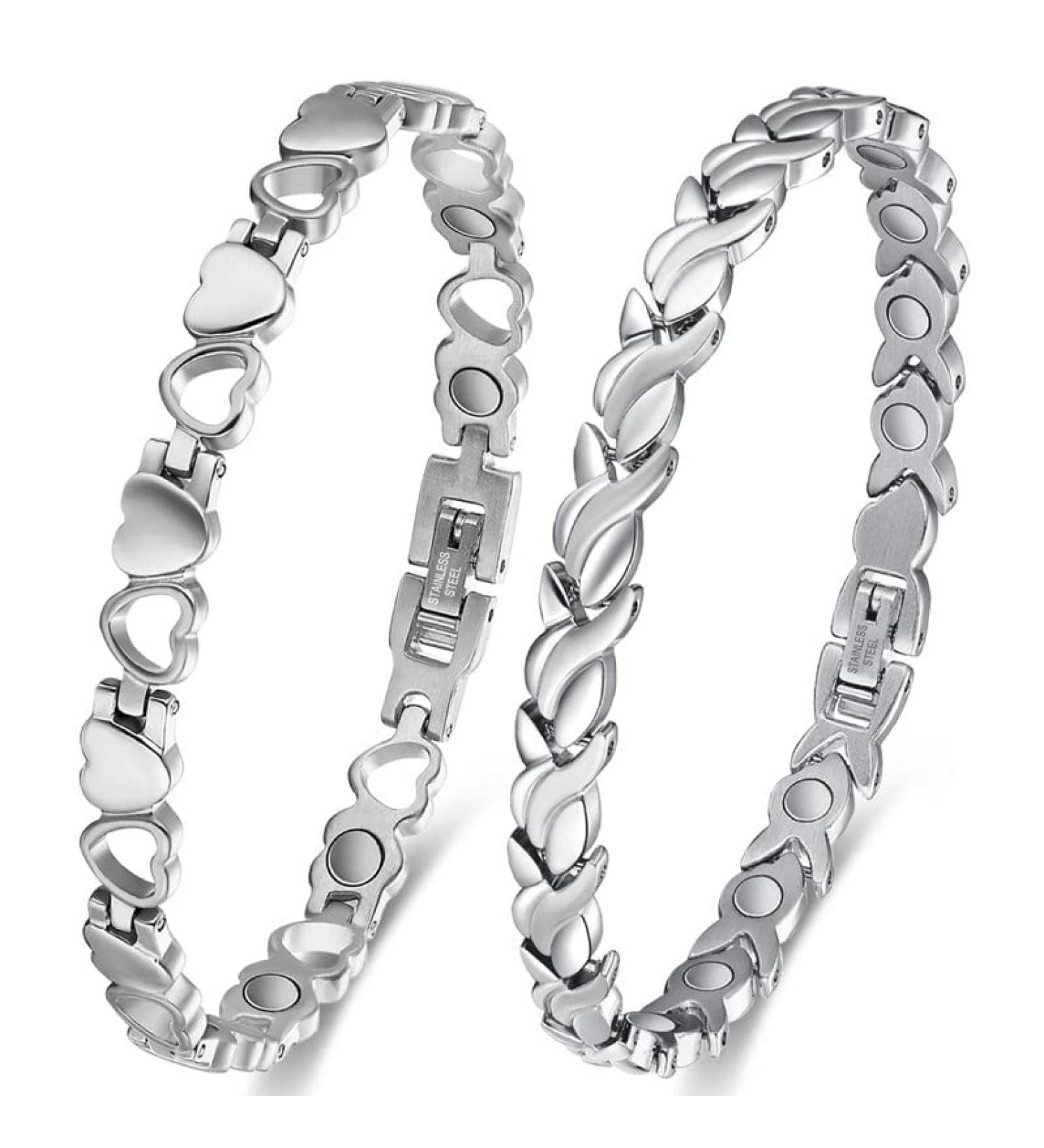 2PCS Magnetic Bracelets for Women - Ultra Strength Titanium Steel Brazaletes Set - Silver Fishtail & Love Design - Adjustable with Gift Box - Perfect for Mother's Day - Buy Online on GoSupps.com