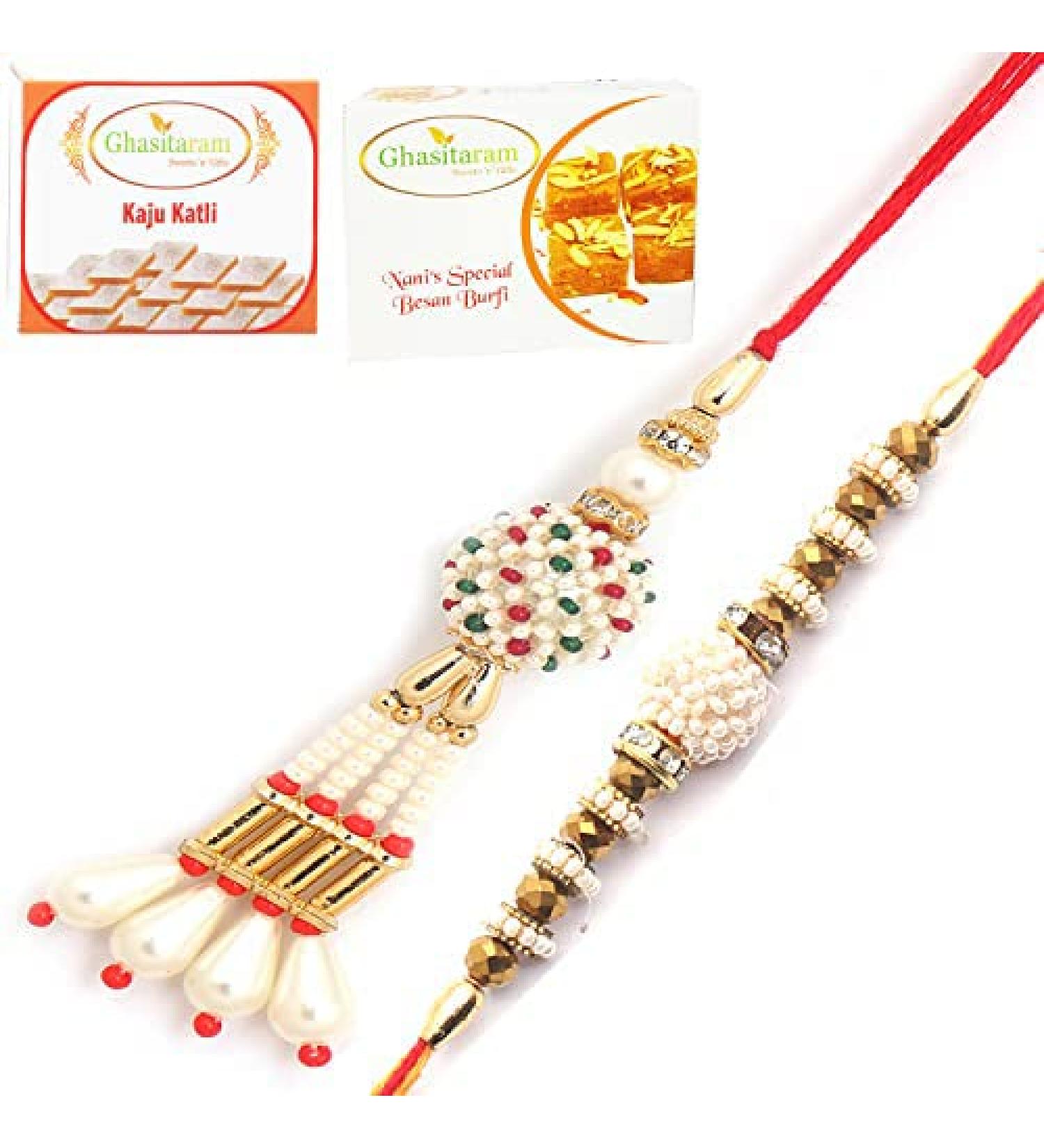 Ghasitaram Gifts Rakhis Online - Rakhi for Brother- Shimmering Blessings cl6101 Bhaiya Bhabhi Rakhi with 200 GMS of Besan Barfi and 200 GMS of Kaju Katli - Buy Online on GoSupps.com