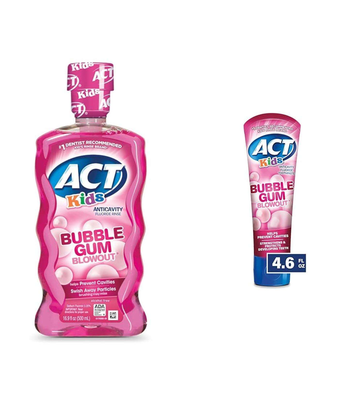 ACT Kids Anticavity Fluoride Rinse for Bad Breath Treatment Bubble Gum Blowout 16.9 fl. oz. & Kids Anticavity Fluoride Toothpaste 4.6 oz. Bubble Gum Blowout - Buy Online on GoSupps.com