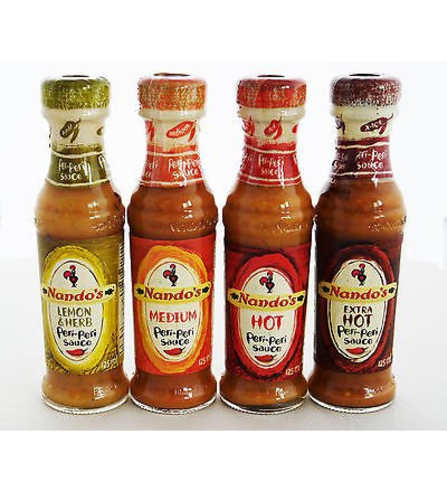 Nando's Peri Peri Sauces 125ml - Lemon & Herb (Mild) Medium Hot & Extra Extra Hot - Buy Online on GoSupps.com