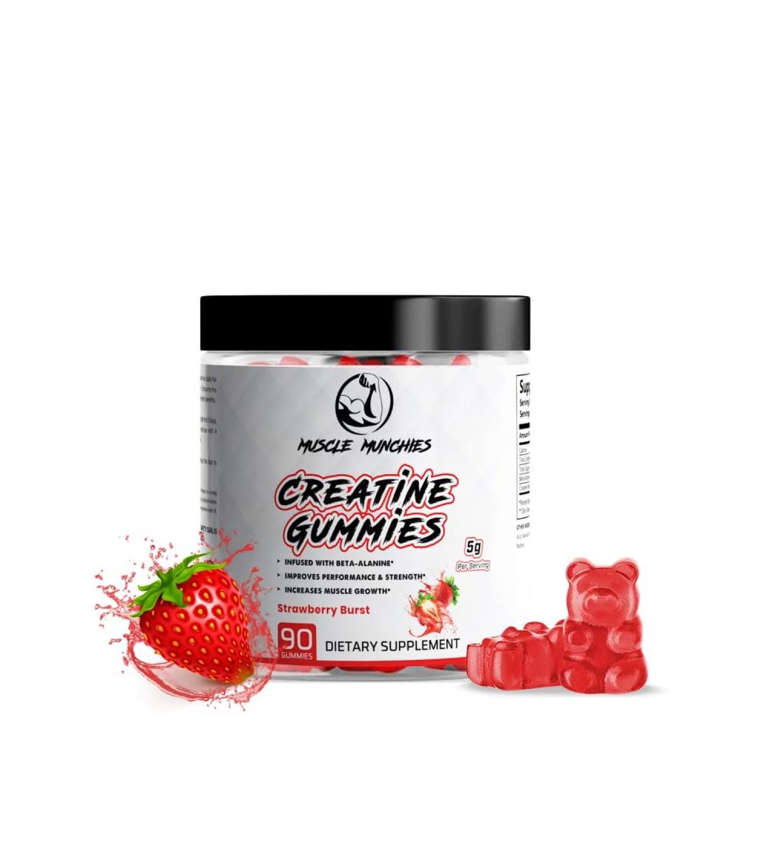 Muscle Munchies Creatine Chewable Gummies - Vegan Non-GMO 5g Creatine Beta Alanine - Boost Strength Muscle Growth & Recovery - Strawberry Burst - International Shipping Available - Buy Online on GoSupps.com