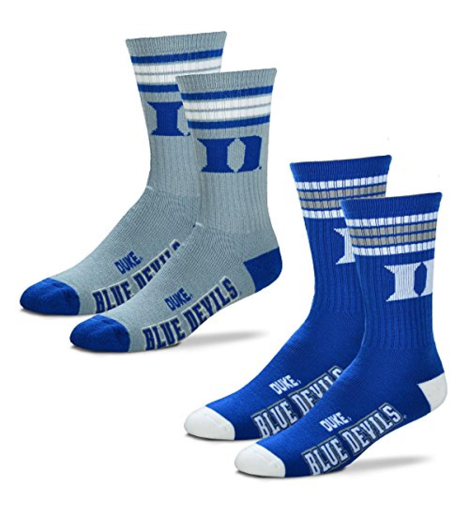 For Bare Feet Men's NCAA (2-Pack)-4 Stripe Deuce Crew Socks-Size Large and Medium Duke Blue Devils-2 Pack-team Color & Grey 10-13