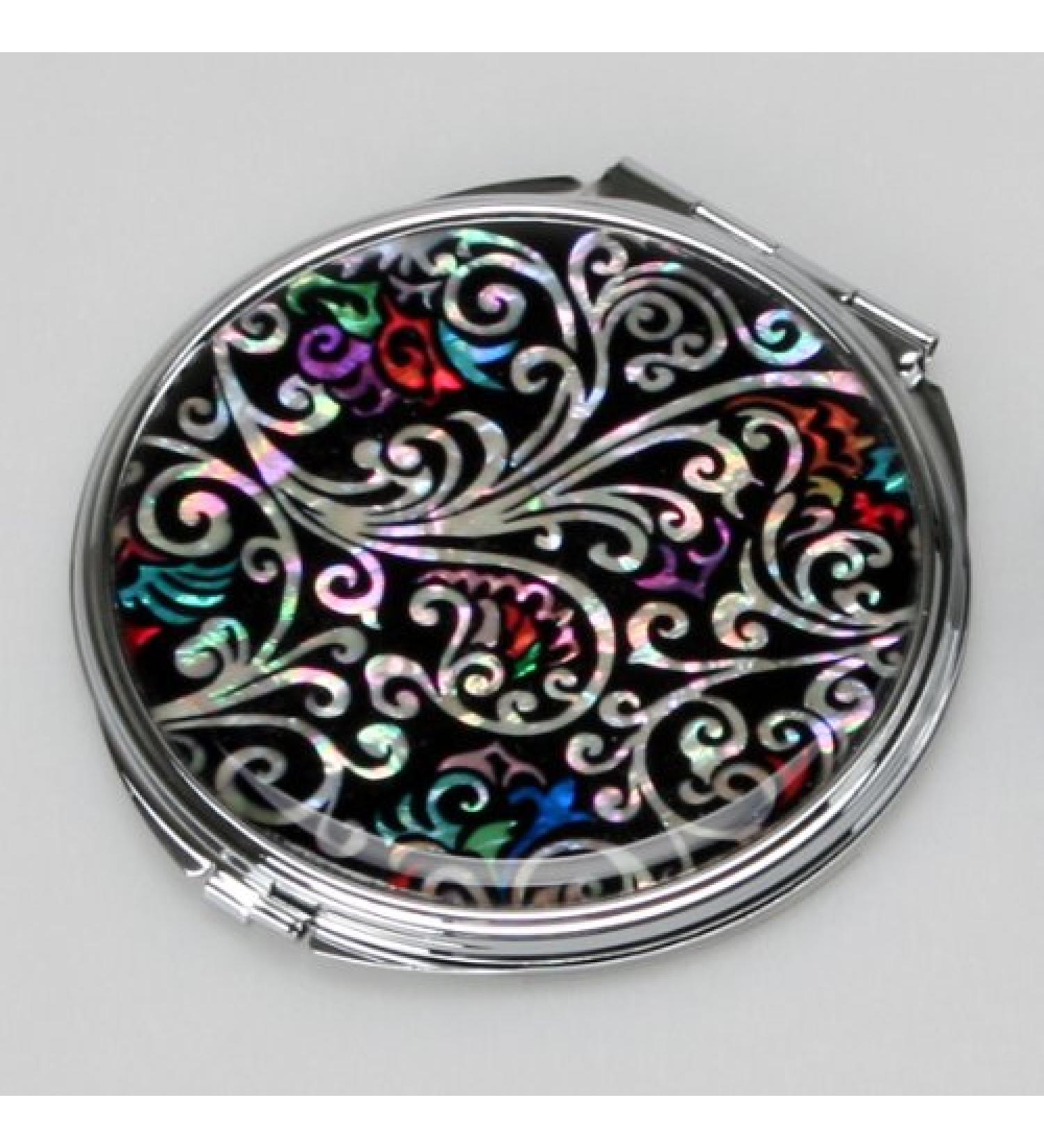 Art Deco Mother of Pearl Black Round Double Compact Hand Mirror with Arabesque Design - Buy Online on GoSupps.com