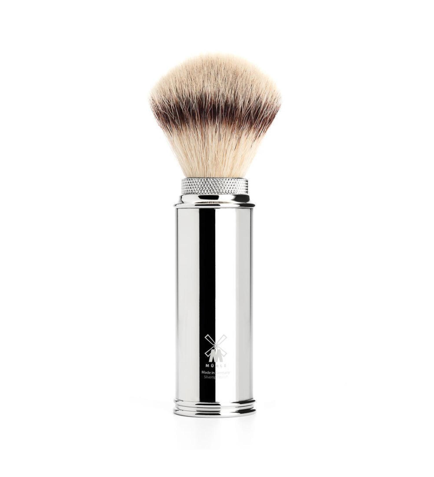 M HLE Travel shaving brush - shaving brush with silvertip fibre - handle made of chrome-plated metal - handmade