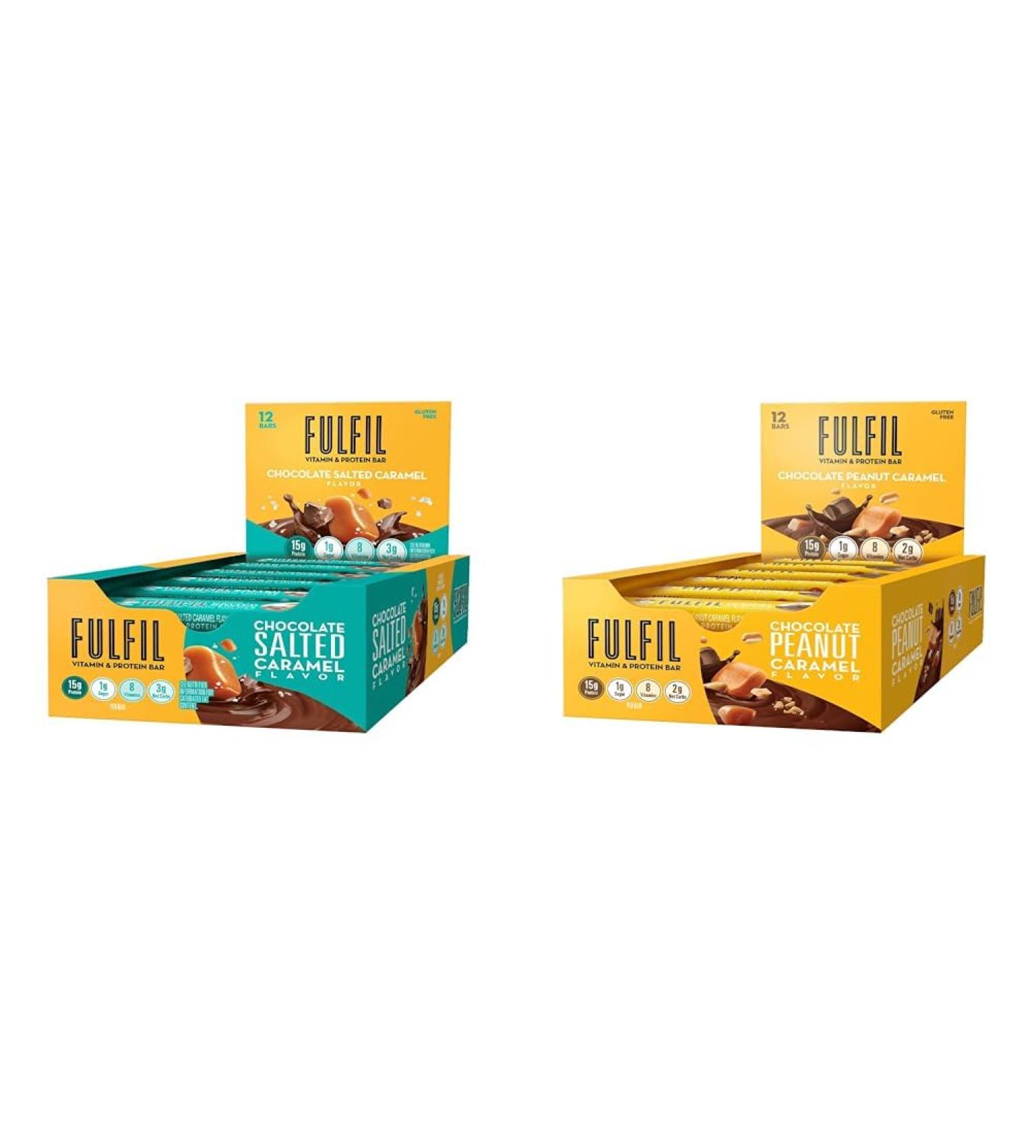 FULFIL Vitamin & Protein Bars Chocolate Salted Caramel & Chocolate Peanut Caramel 15g Protein 8 Vitamins 12 Count - Buy Online on GoSupps.com