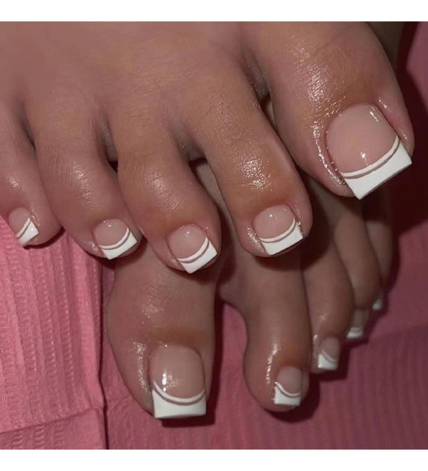 French Tips Press on Toenails - 24Pcs Nude Short Square Acrylic Full Cover White False Toe Nails for Women - Summer Glue on Toenails - Buy Online on GoSupps.com