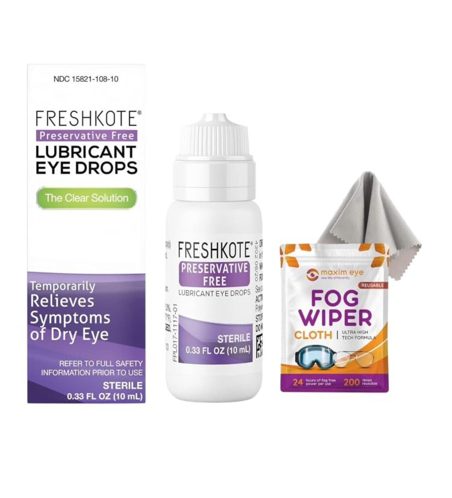 Maxim Eye FRESHKOTE Preservative-Free Lubricant Eye Drops | 0.33 oz Artificial Tears for Dry Eyes + Reusable Anti-Fog Cloth for Eyeglasses - Buy Online on GoSupps.com