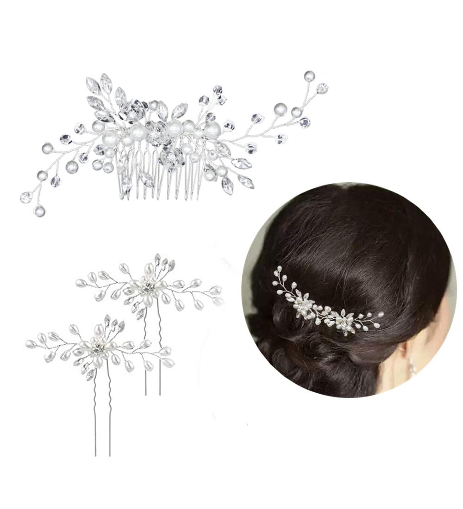Elegant Bride Wedding Hair Comb Set | Crystal Pearl Hair Clips & Silver Vine Headdress for Girls - Buy Online on GoSupps.com