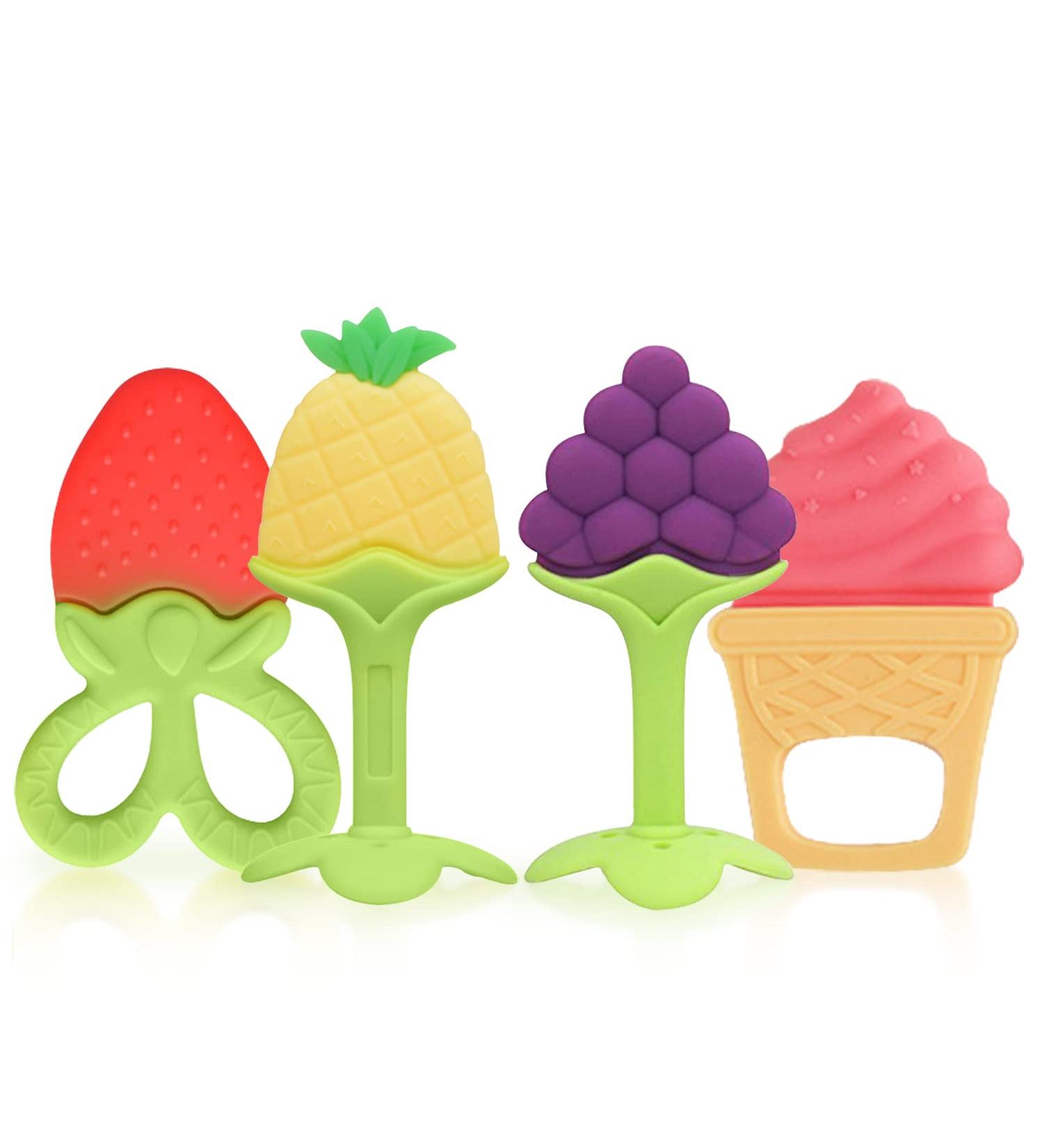 SLGOL Fruit Teething Toys 4 Pack - BPA Free Silicone Teethers for Babies 3 Months+ - Cute Infant Shower Gifts - Buy Online on GoSupps.com