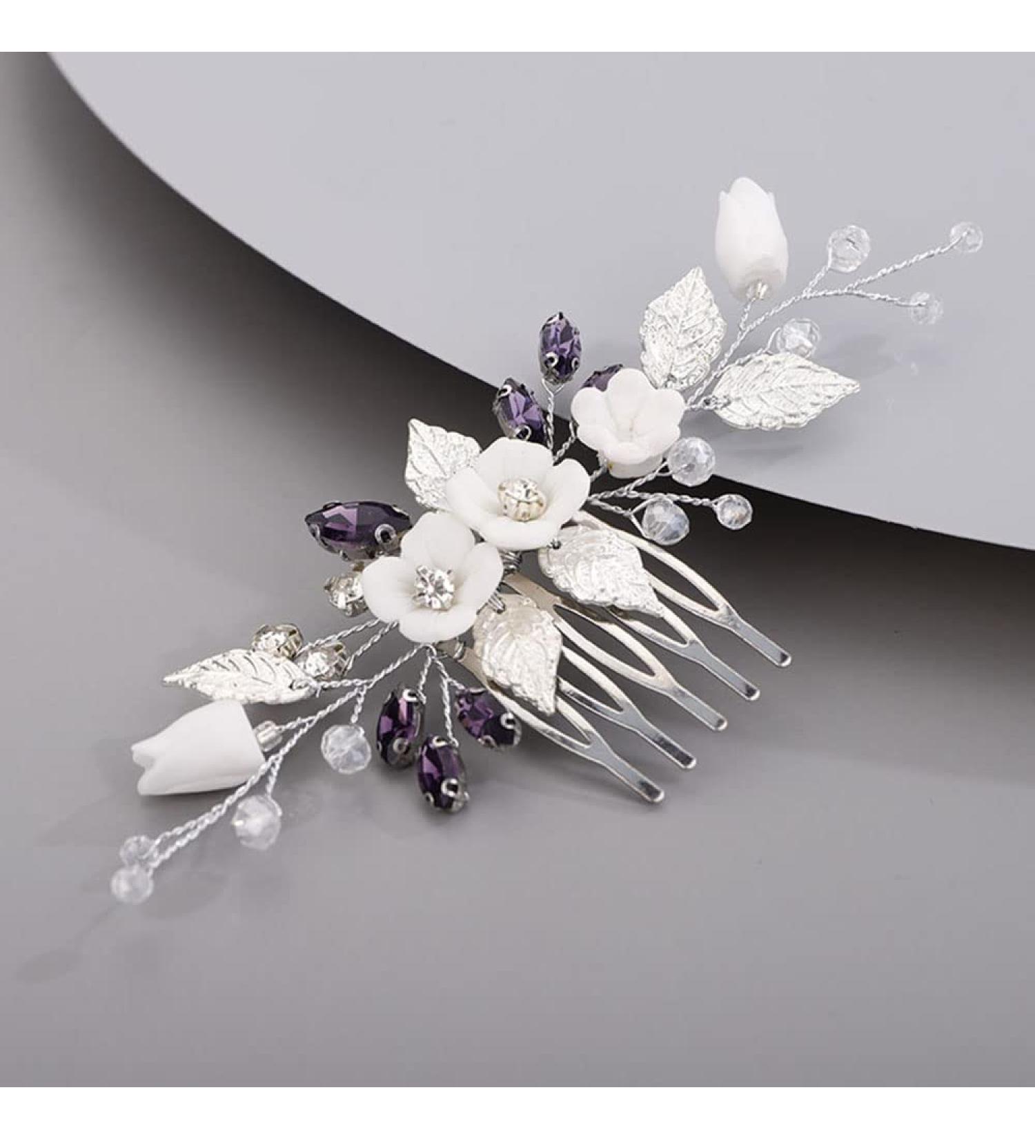 Chargances Wedding White Flower Hair Comb Bridal Rhinestone Leaf Crystal Hair Side Comb Purple Handmade Headpiece Hair Accessories for Women and Girls (Purple) - Buy Online on GoSupps.com