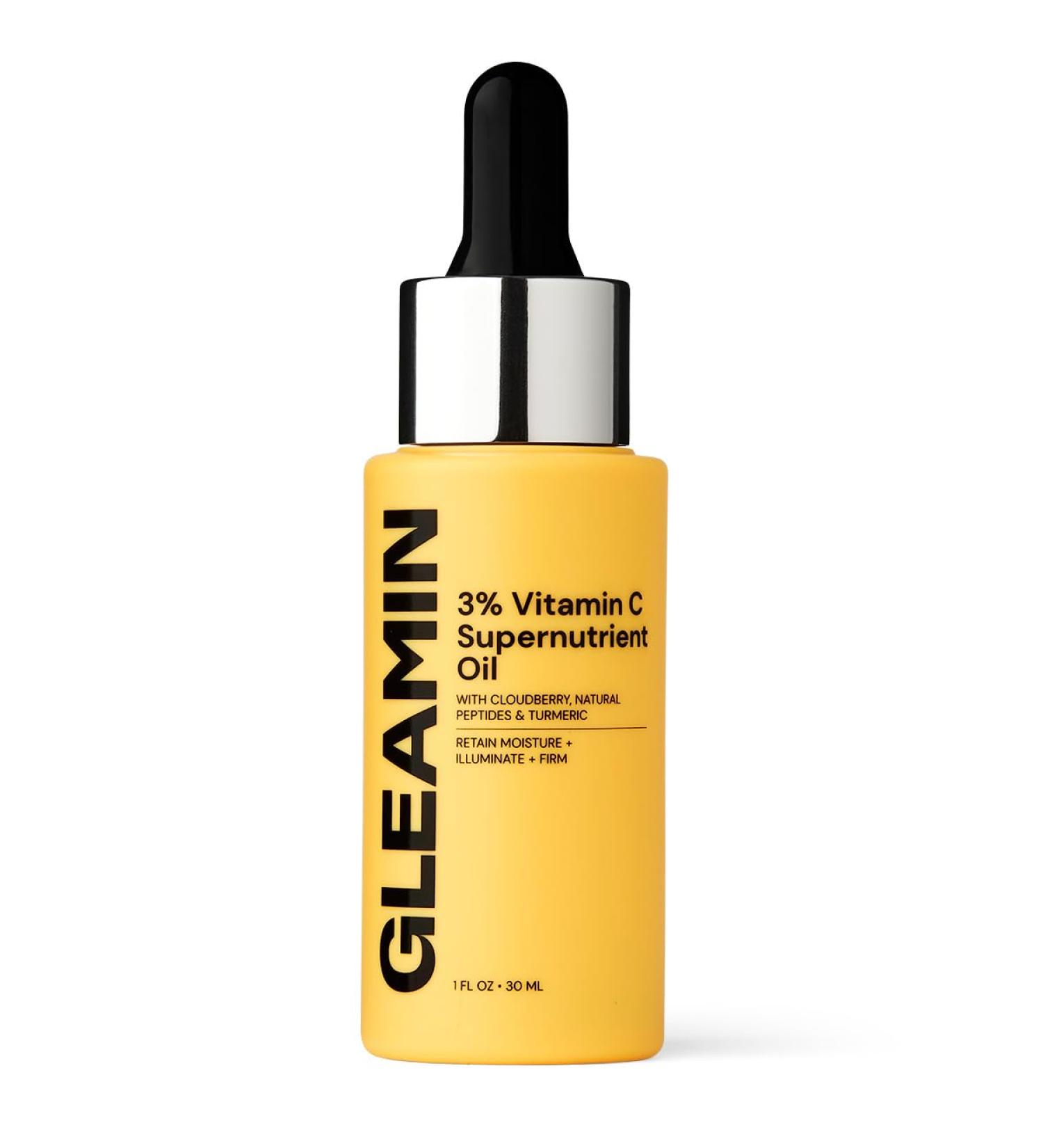 Gleamin 3% Vitamin C Face Oil | Hydrating & Brightening Facial Oil with Cloudberry Peptides & Turmeric | Fragrance-Free | 1 fl oz for Dull Skin & Dark Spots - Buy Online on GoSupps.com