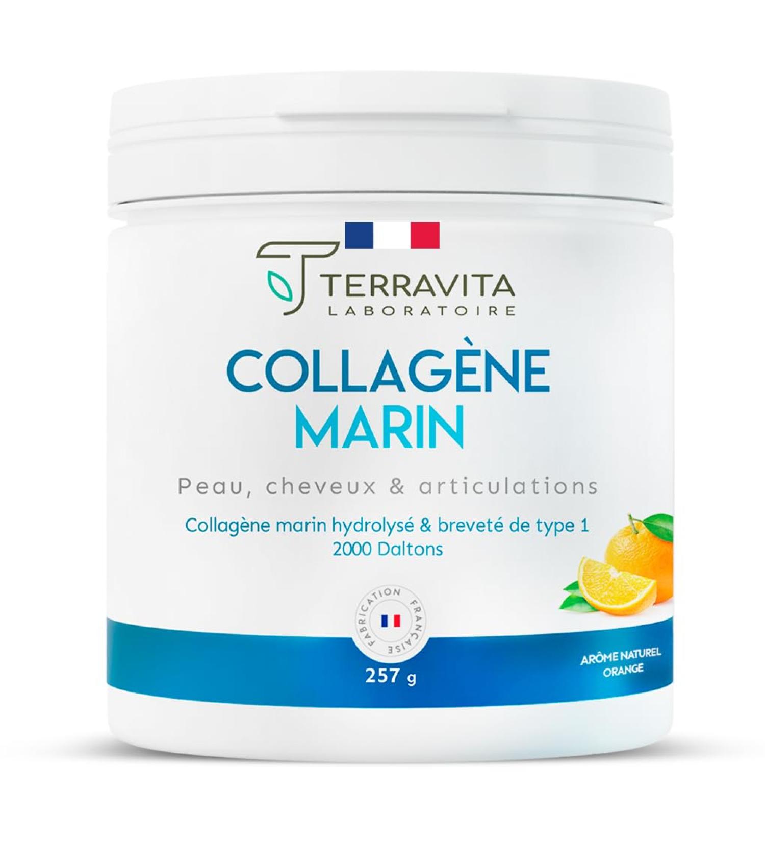 MARINE COLLAGEN PATENTED POWDER | 257g Pure Collagen Peptides Type 1 | Soft Joints Smooth and Hydrated Skin | Orange Taste | 100% French Spine | Terravita - Buy Online on GoSupps.com