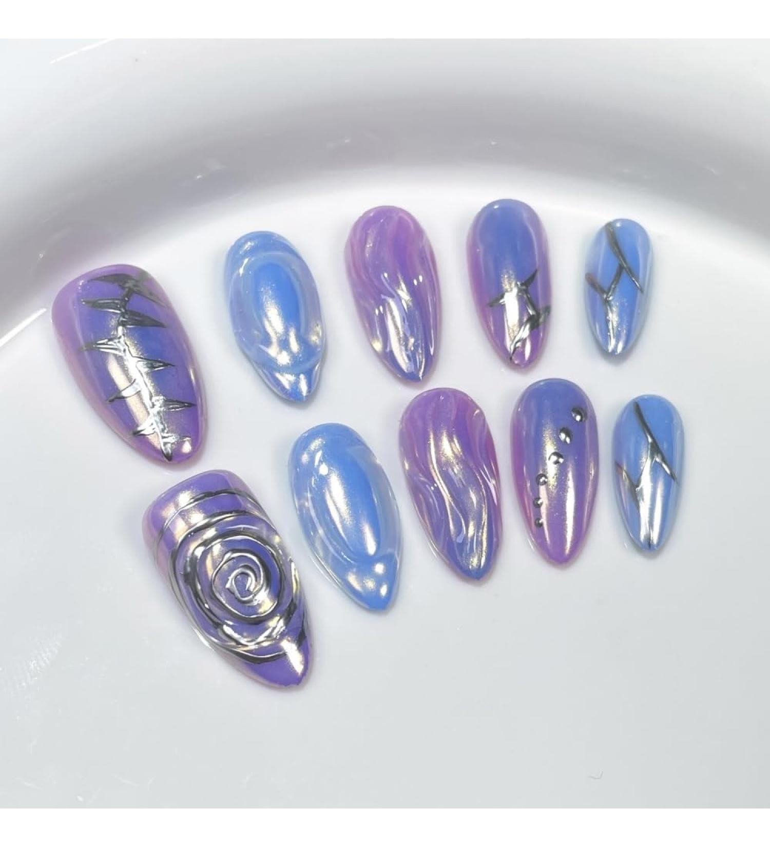 10Pc Blush Powder Almond False Nails Relief Hand drawn Bow Star Design Press on Nails Handmade Full Cover False Nail Tips(Color:5 Size:S)