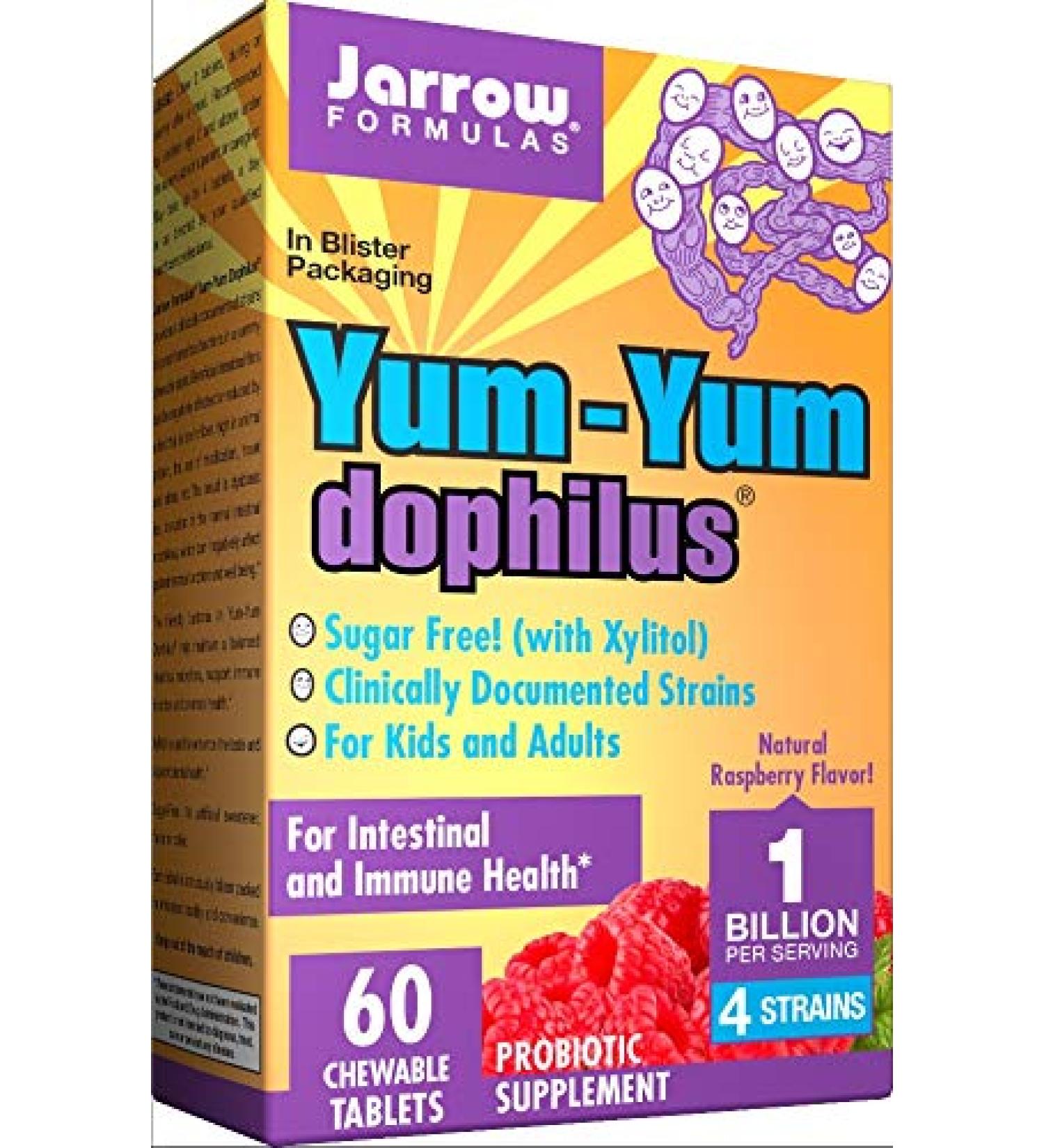 Jarrow Formulas Yum-Yum Dophilus Sugar-Free! Natural Raspberry Flavor 60 Chewable Tablets (Ice)