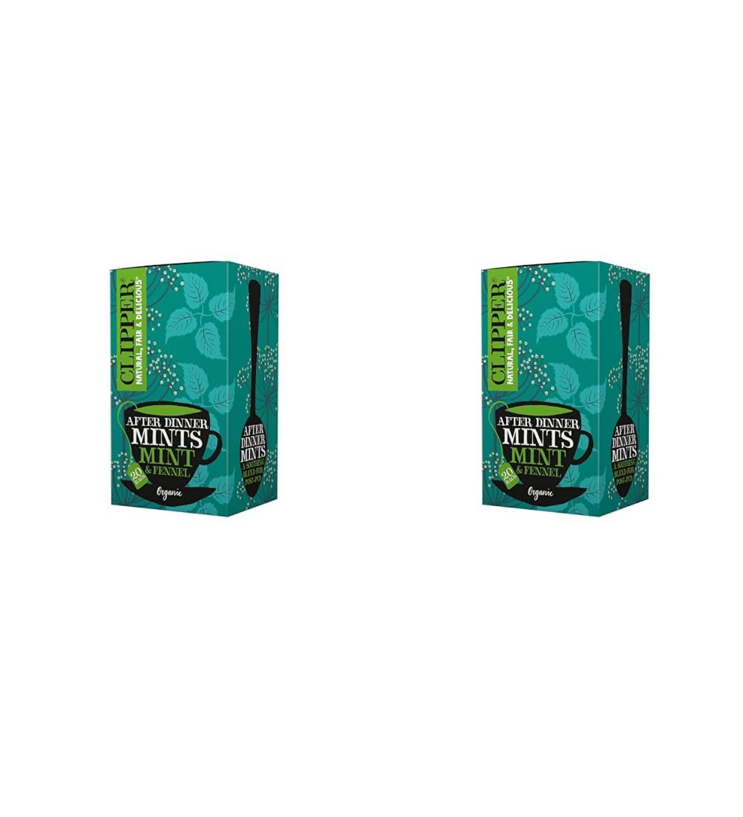 Clipper Organic After Dinner Mint & Fennel Tea Bags | 20 Infusion Peppermint & Fennel Sachets | Caffeine Free Teabags | Eco-Conscious Herbal Tea Bags | Natural Unbleached Plant-Based & Biodegradable Pack of 2 - Buy Online on GoSupps.com