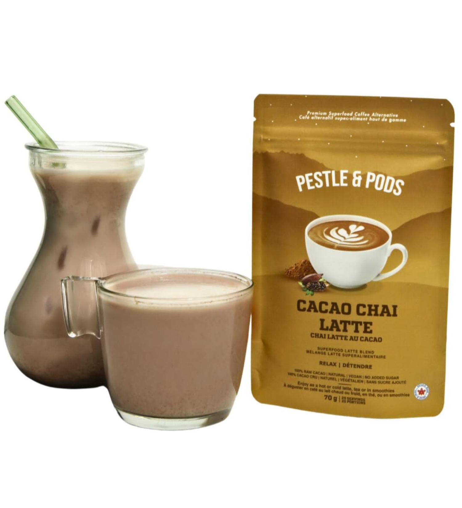 Pestle & Pods Cacao Chai Superfood Latte Blend - Raw & Unsweetened | Coffee Alternative made with Organic Cacao & Chai Spices - Minimal Caffeine from Cacao | Vegan | No Added Sugar - 70g | 25 Servings Pure Cacao Powder - Buy Online on GoSupps.com