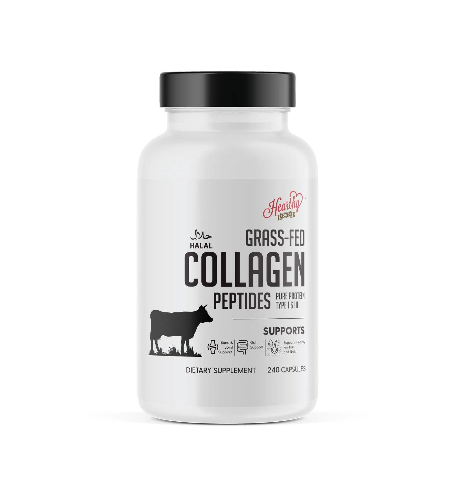 HEARTHY FOODS Collagen Pills Supplement (Type I III) 240 Collagen Capsules Healthy Hair Skin Nails Joints - Dairy and Gluten Free Collagen Supplement - 3.6 Grams Protein Per Serving