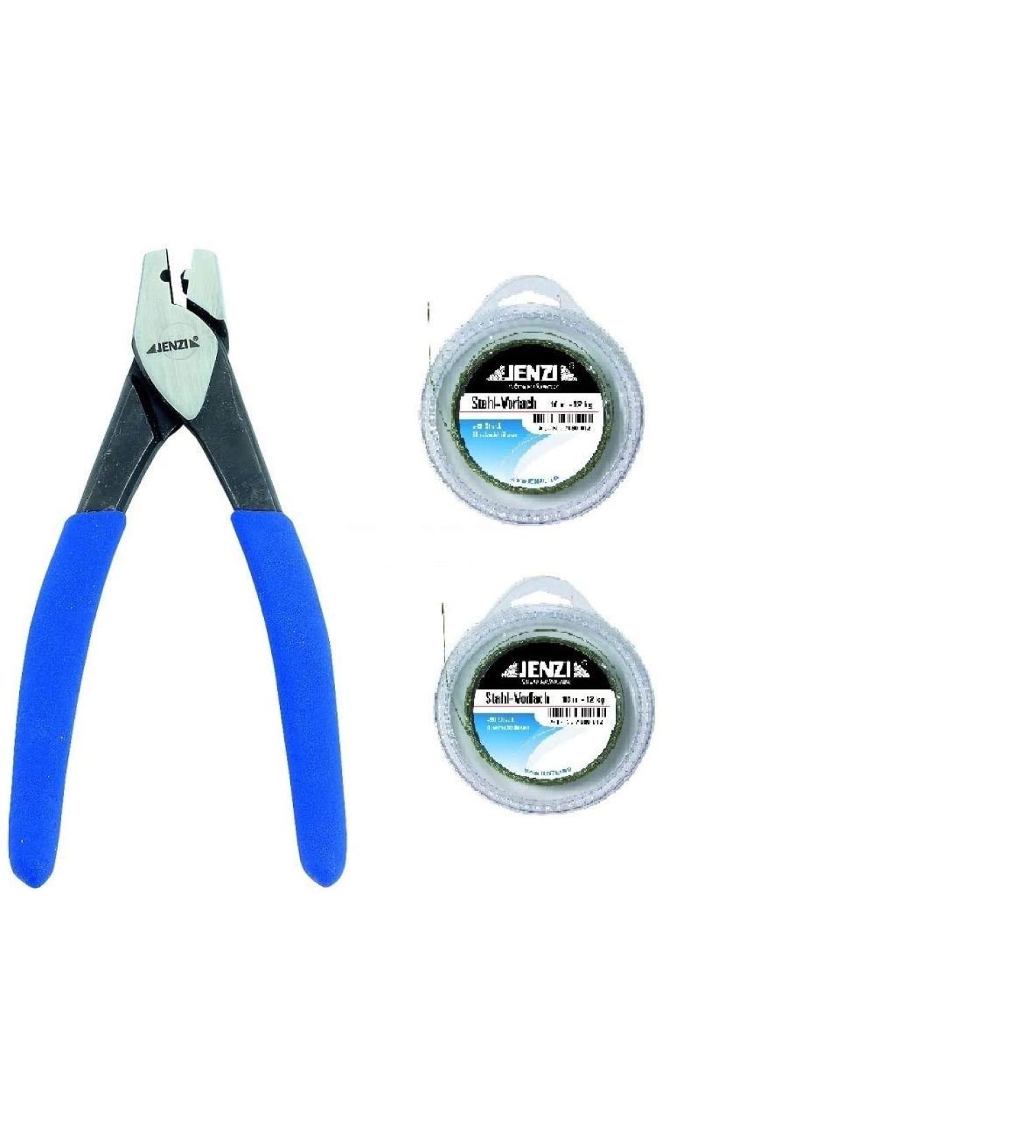 Jenzi leader set crimp sleeves - pliers + 2 x steel leader 12kg 10m 20 crimp sleeves + free Petri Heil! sticker
