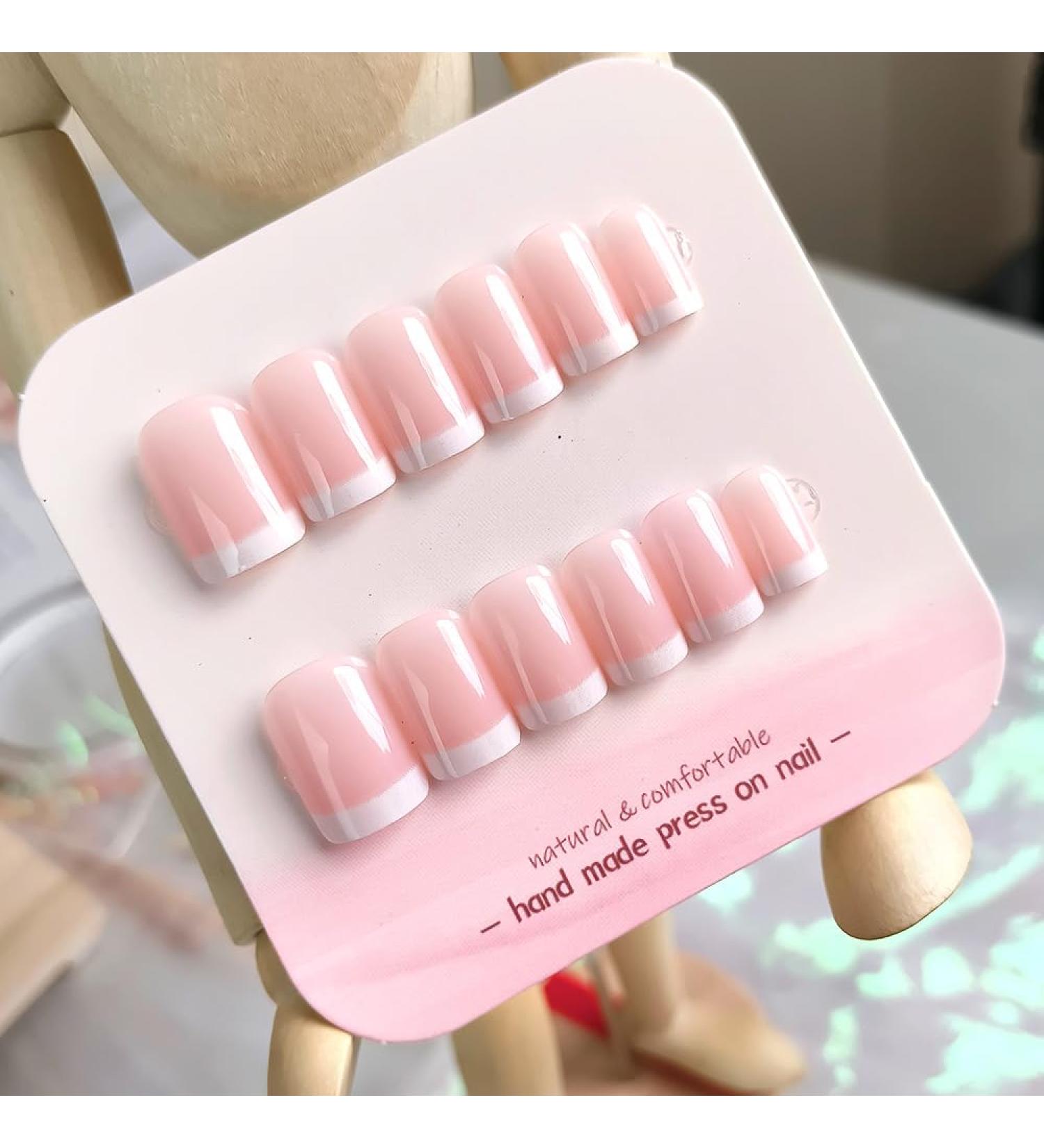 French Tip Press on Nails - Short Square Press On Nails with Nail Tips Hand Drawn White Border Design Nude Pink press on nails Acrylic False Nails Cute Artificial Nails - Buy Online on GoSupps.com