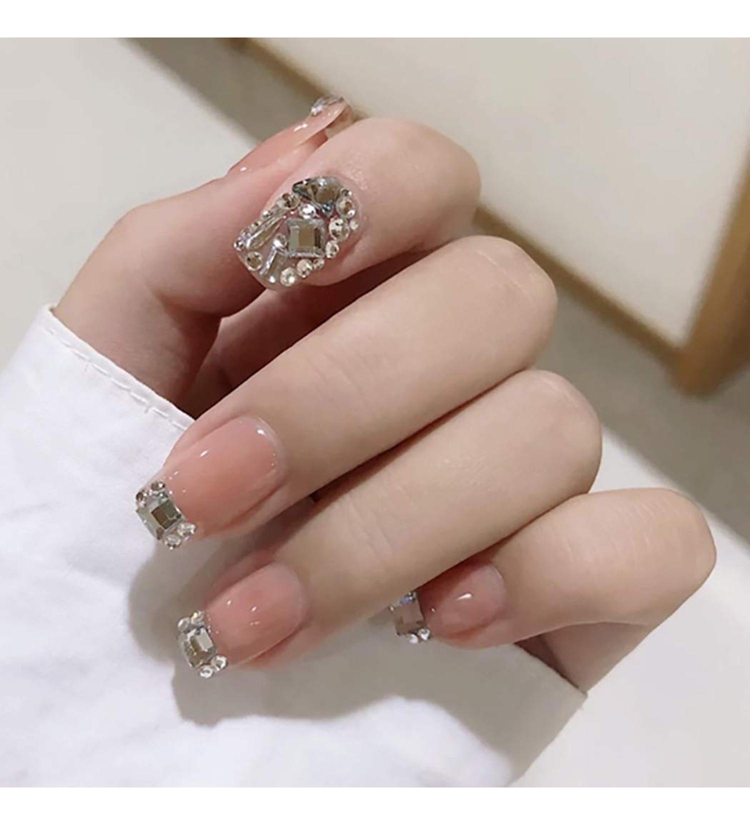 Shop Sethexy Medium Glossy Pink Sparkle False Fingernails with Rhinestones - 24pcs Acrylic Press-On Nail Tips for Women & Girls - Buy Online on GoSupps.com